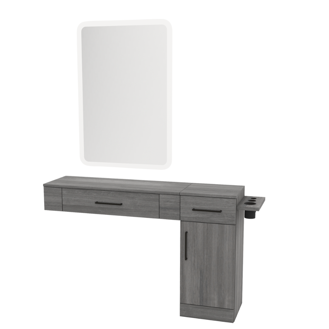 Nova Combo Wall Mount Styling Station with Side-Mount Appliance Holder and White Rectangle Illuminate Back Lit Mirror