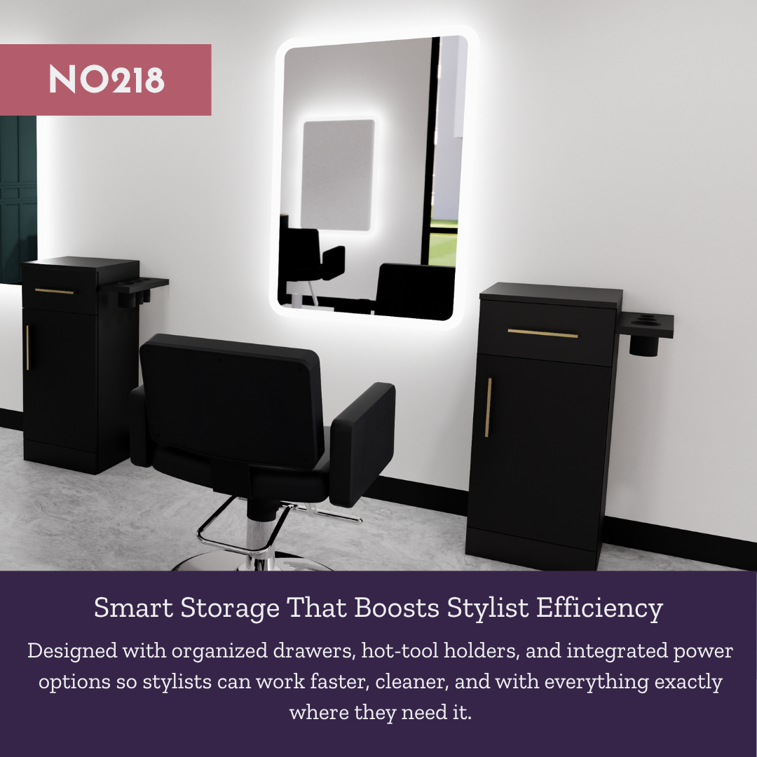 Nova Tower Free Standing Styling Station with Side-Mount Appliance Holder and White Rectangle Illuminate Back Lit Mirror