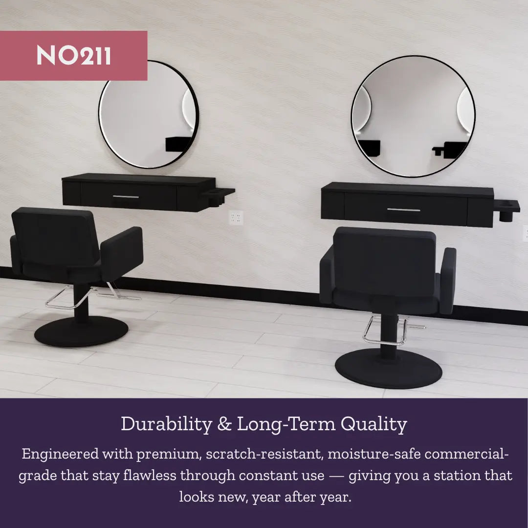 Nova Wall Mount Styling Station with Side-Mount Appliance Holder and Black Round Westin Mirror