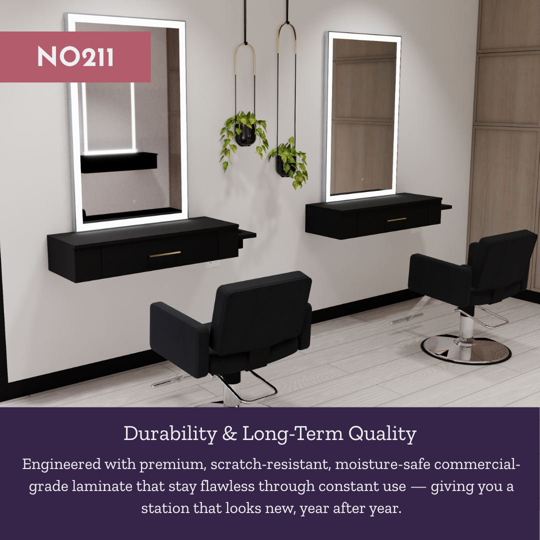 Nova Wall Mount Styling Station with Side-Mount Appliance Holder and Silver Rectangle Glo Mirror