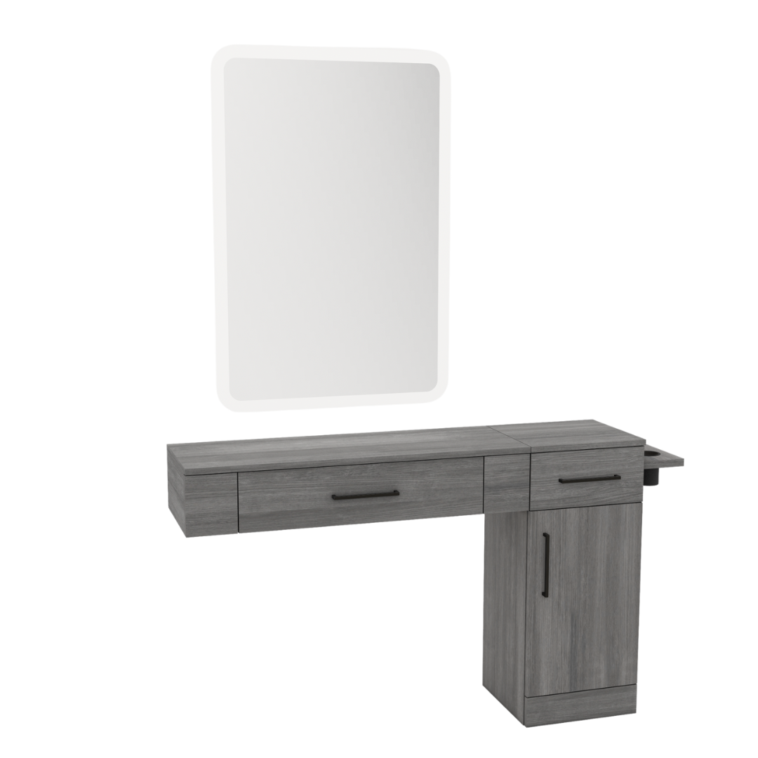 Nova Combo Wall Mount Styling Station with Side-Mount Appliance Holder and White Rectangle Illuminate Back Lit Mirror