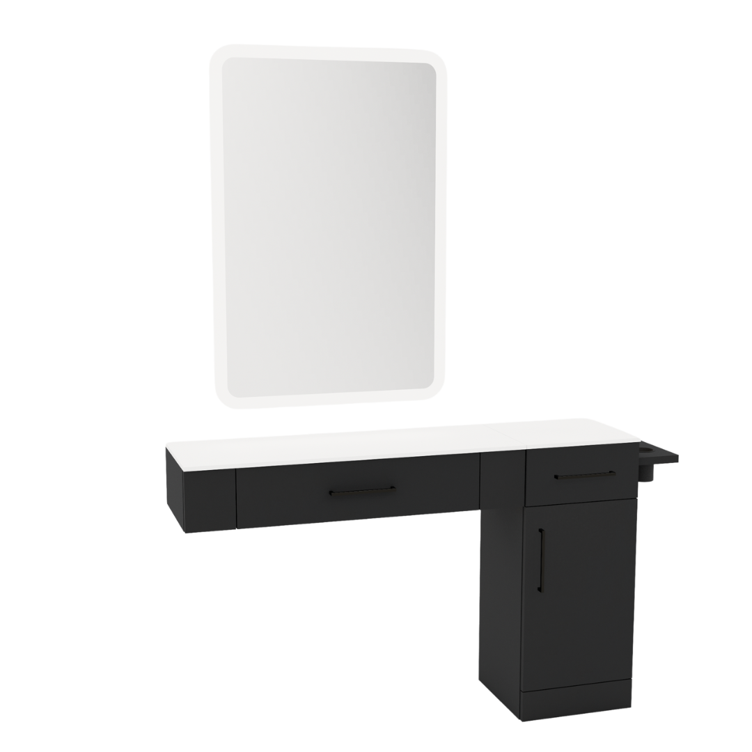 Nova Combo Wall Mount Styling Station with Side-Mount Appliance Holder, Solid Surface Countertop, and White Rectangle Illuminate Back Lit Mirror
