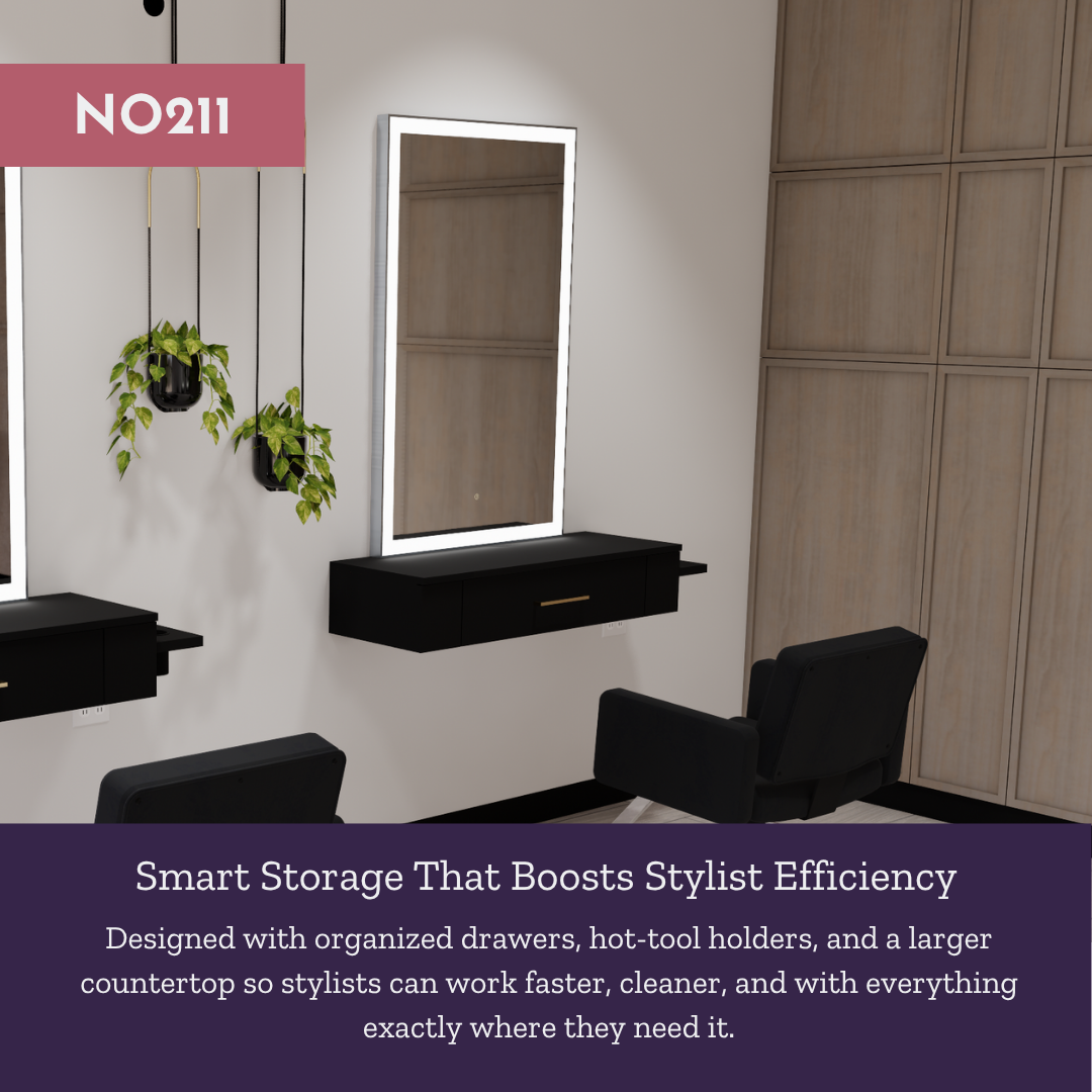 Nova Wall Mount Styling Station with Side-Mount Appliance Holder and Silver Rectangle Glo Mirror