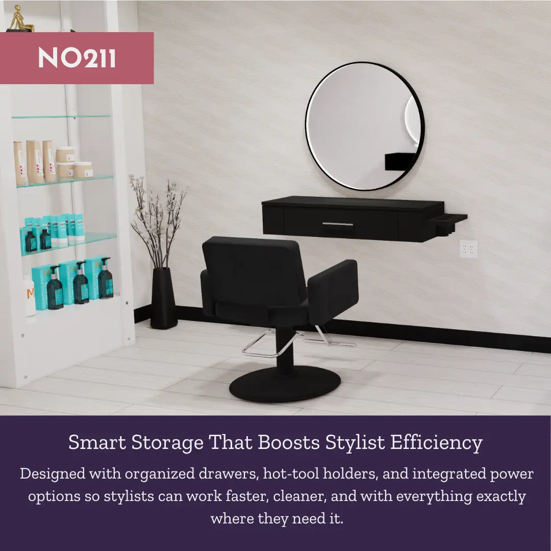 Nova Wall Mount Styling Station with Side-Mount Appliance Holder and Black Round Westin Mirror