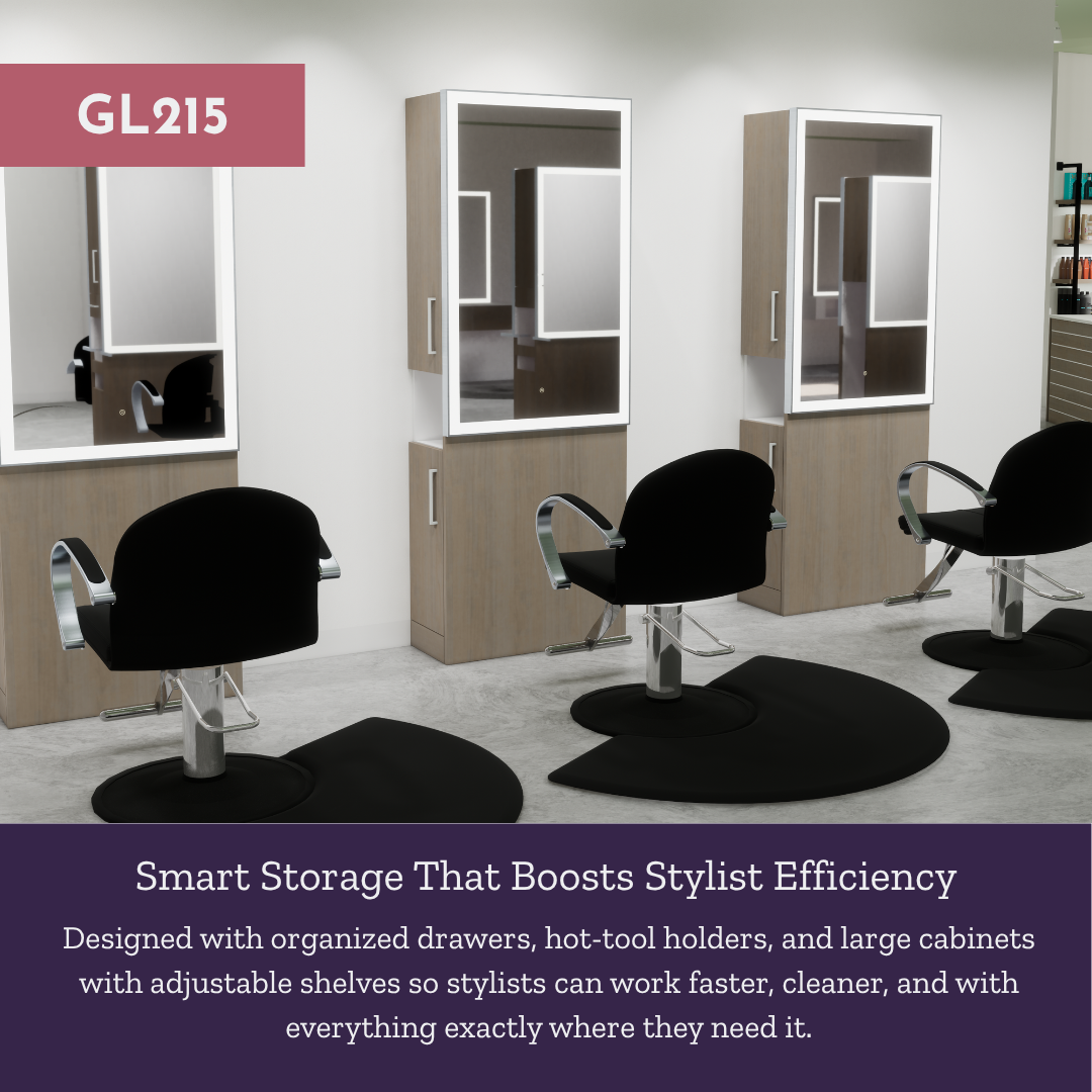 Glo Single Operator Styling Station with Pull-out Appliance Holder and Silver Rectangle Glo Mirror