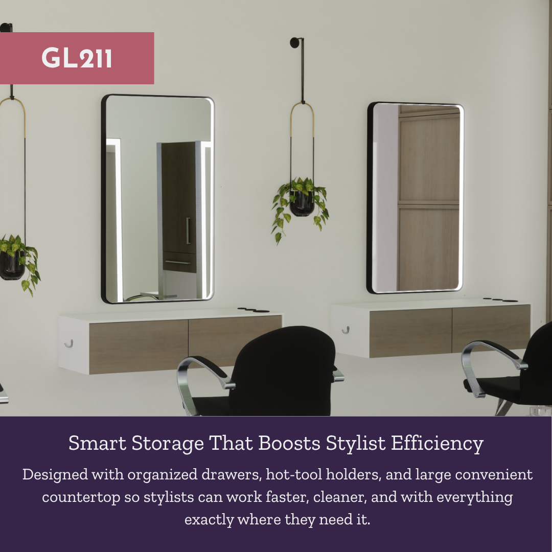 Glo Wall Mount Styling Station with Nestled Appliance Holder and Black Rectangle Westin Mirror