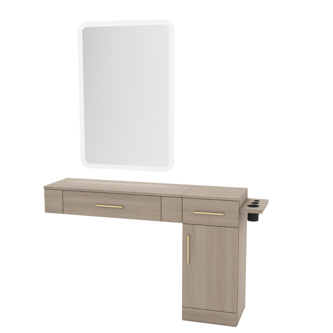 Nova Combo Wall Mount Styling Station with Side-Mount Appliance Holder and White Rectangle Illuminate Back Lit Mirror