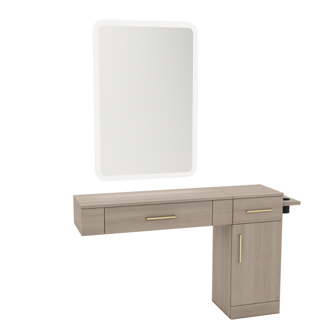 Nova Combo Wall Mount Styling Station with Side-Mount Appliance Holder and White Rectangle Illuminate Back Lit Mirror