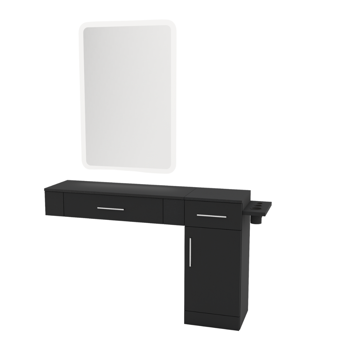 Nova Combo Wall Mount Styling Station with Side-Mount Appliance Holder and White Rectangle Illuminate Back Lit Mirror