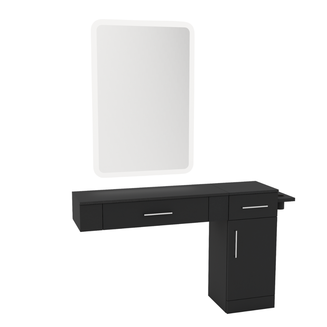 Nova Combo Wall Mount Styling Station with Side-Mount Appliance Holder and White Rectangle Illuminate Back Lit Mirror