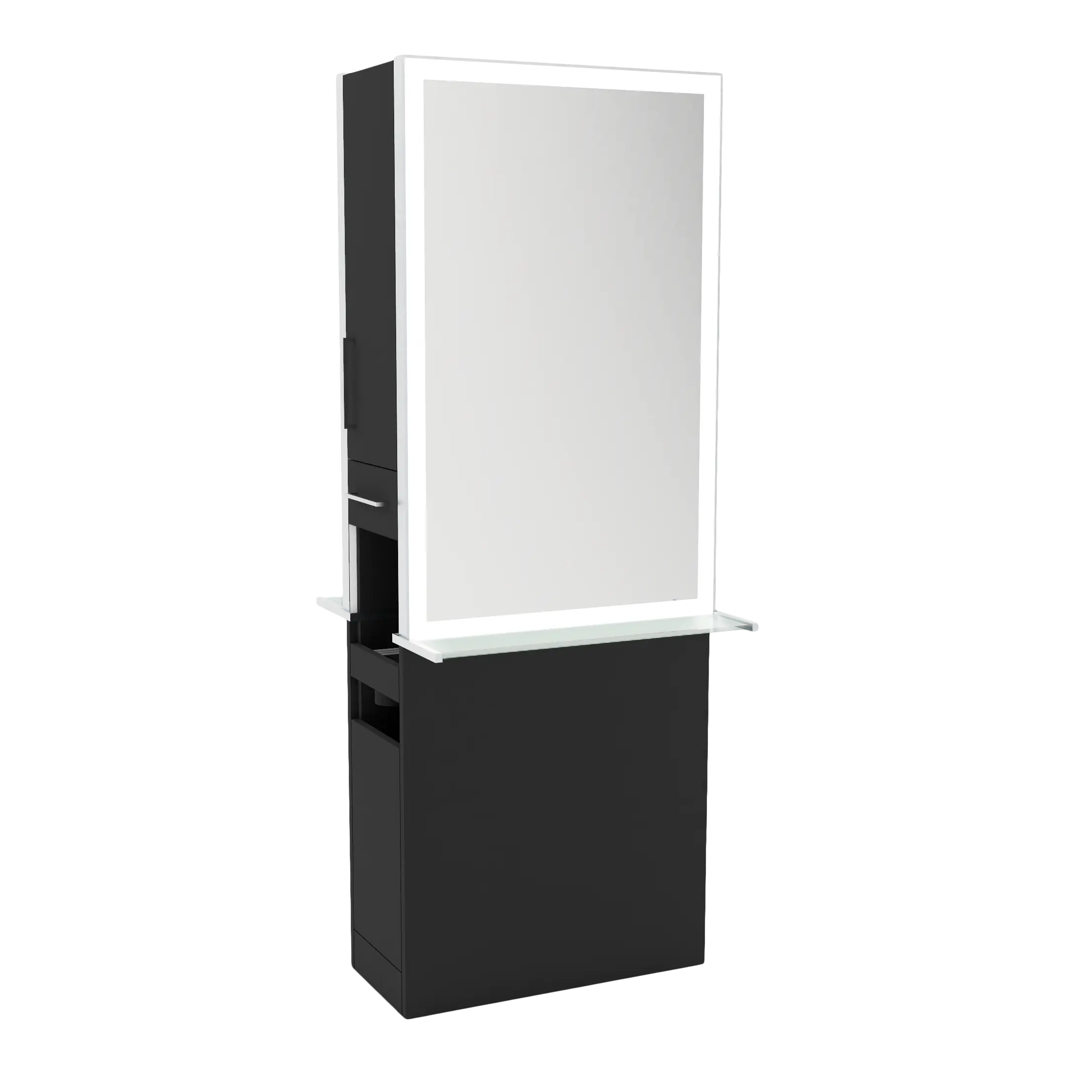 Glo Double Operator Styling Station with Slide-out  Appliance Holder, Glass Shelf, and Silver Rectangle Glo Mirror