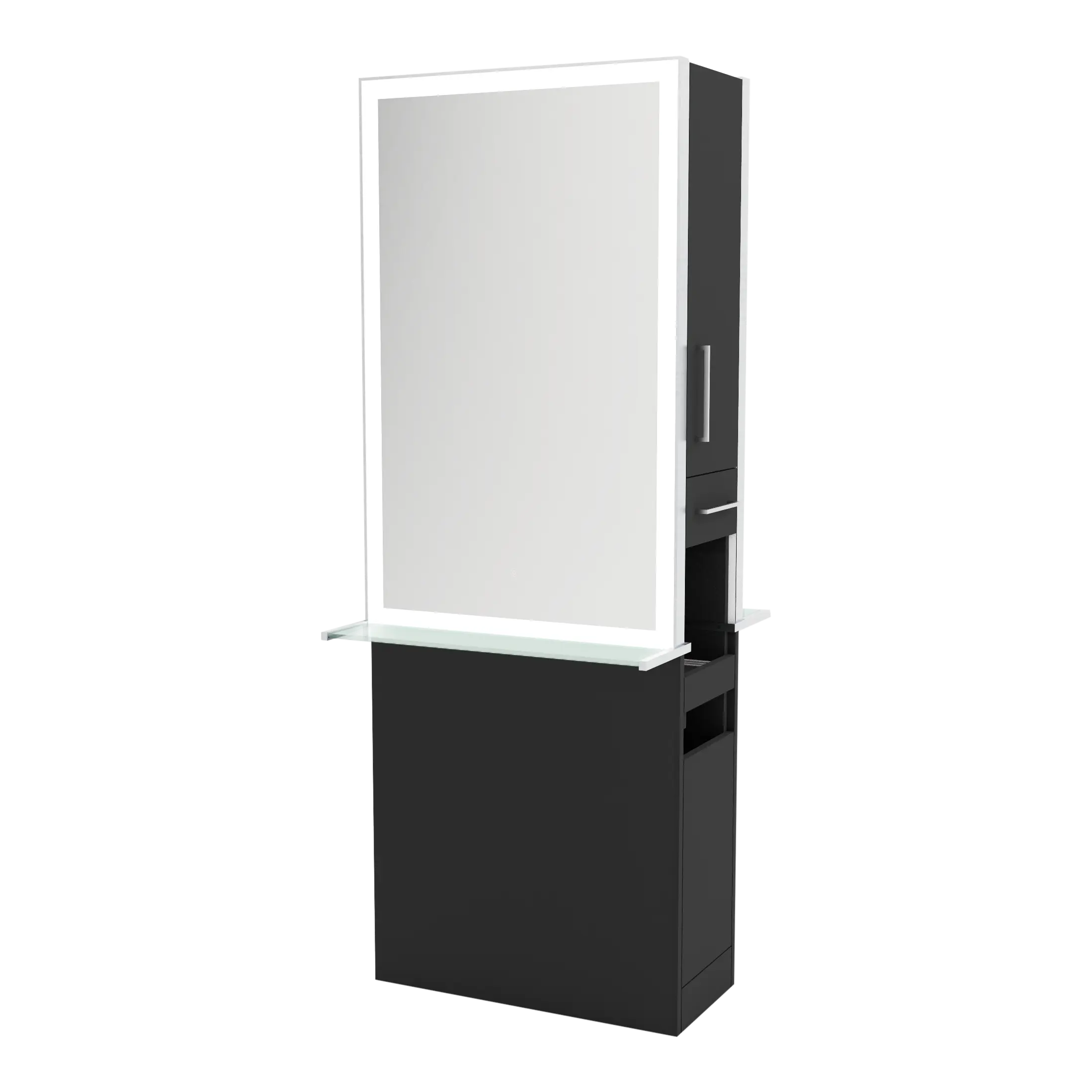 Glo Double Operator Styling Station with Slide-out  Appliance Holder, Glass Shelf, and Silver Rectangle Glo Mirror