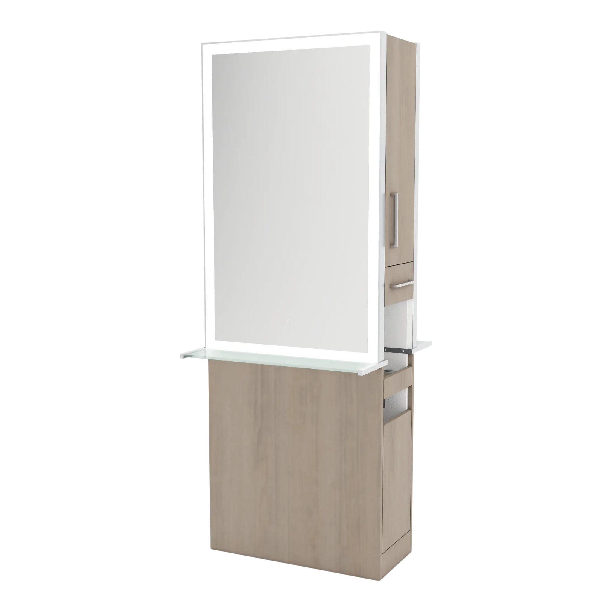 Glo Double Operator Styling Station with Slide-out  Appliance Holder, Glass Shelf, and Silver Rectangle Glo Mirror