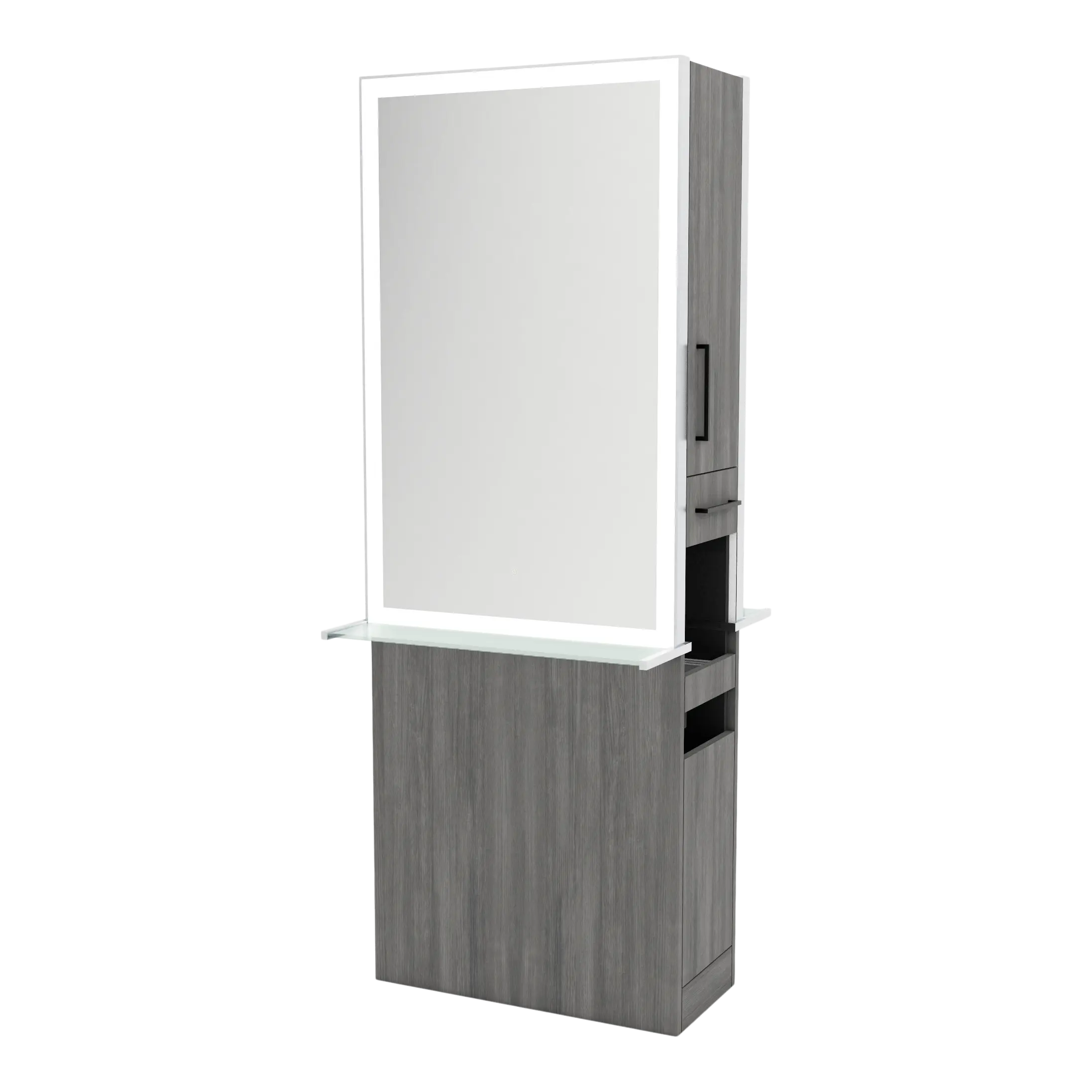 Glo Double Operator Styling Station with Slide-out  Appliance Holder, Glass Shelf, and Silver Rectangle Glo Mirror