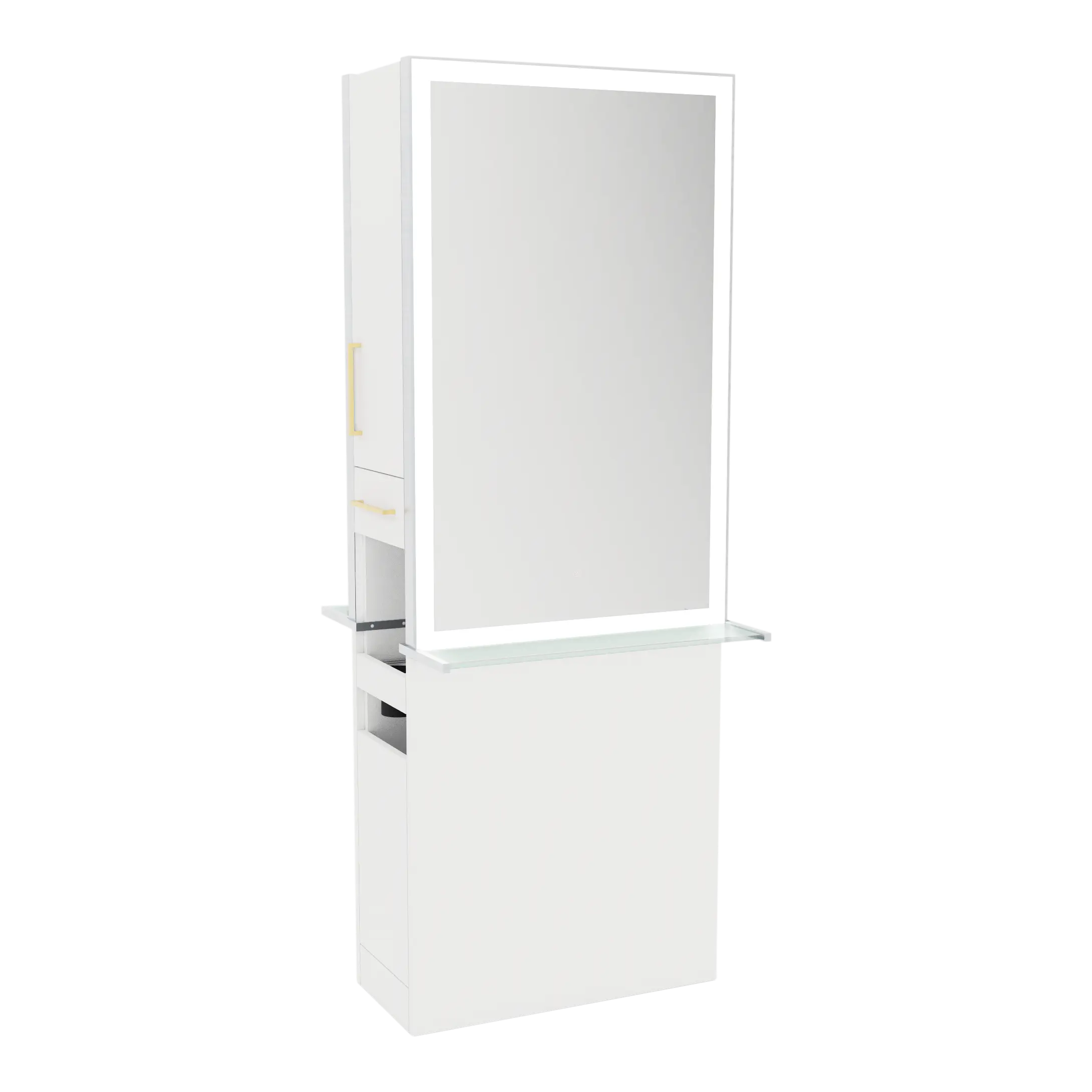 Glo Double Operator Styling Station with Slide-out  Appliance Holder, Glass Shelf, and Silver Rectangle Glo Mirror