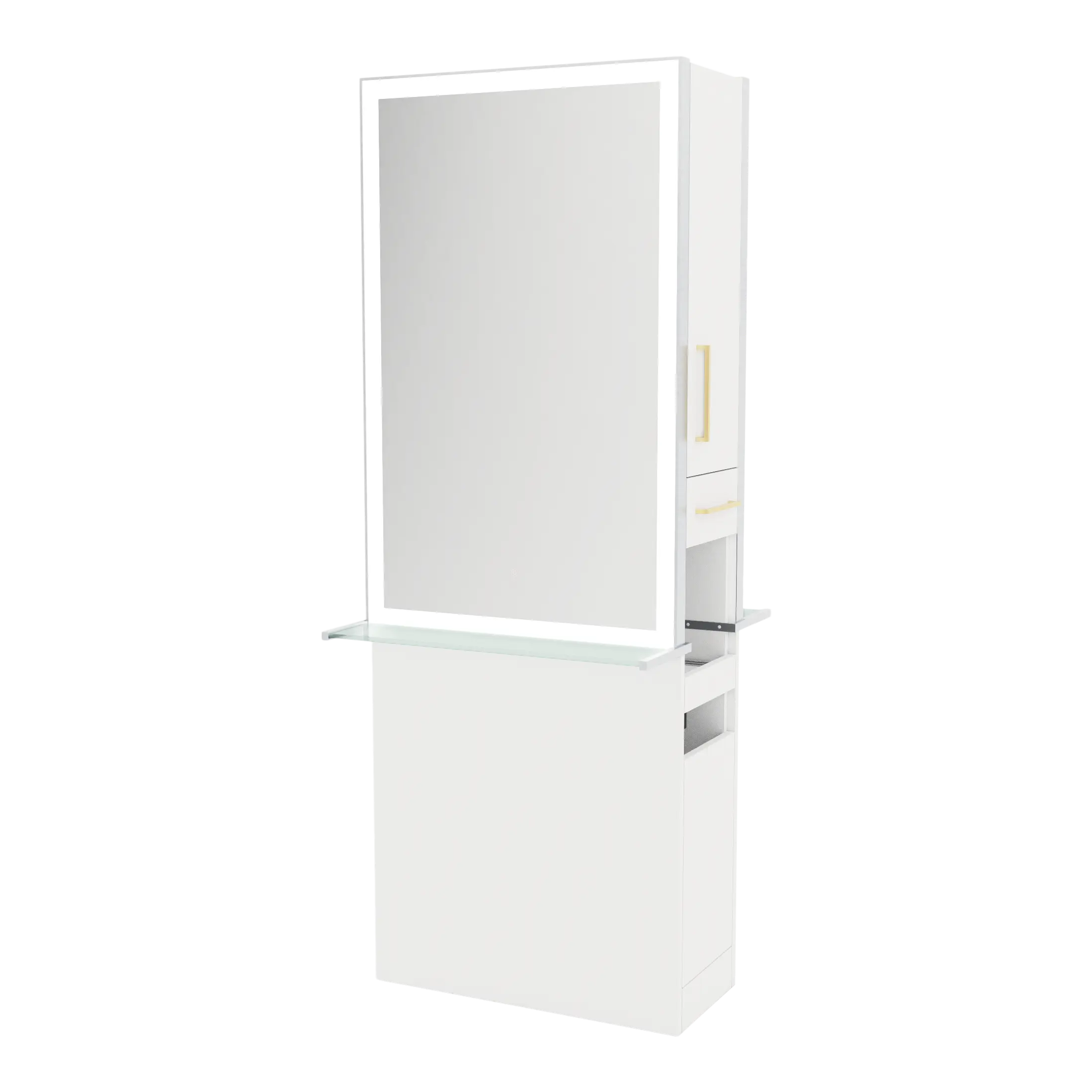 Glo Double Operator Styling Station with Slide-out  Appliance Holder, Glass Shelf, and Silver Rectangle Glo Mirror