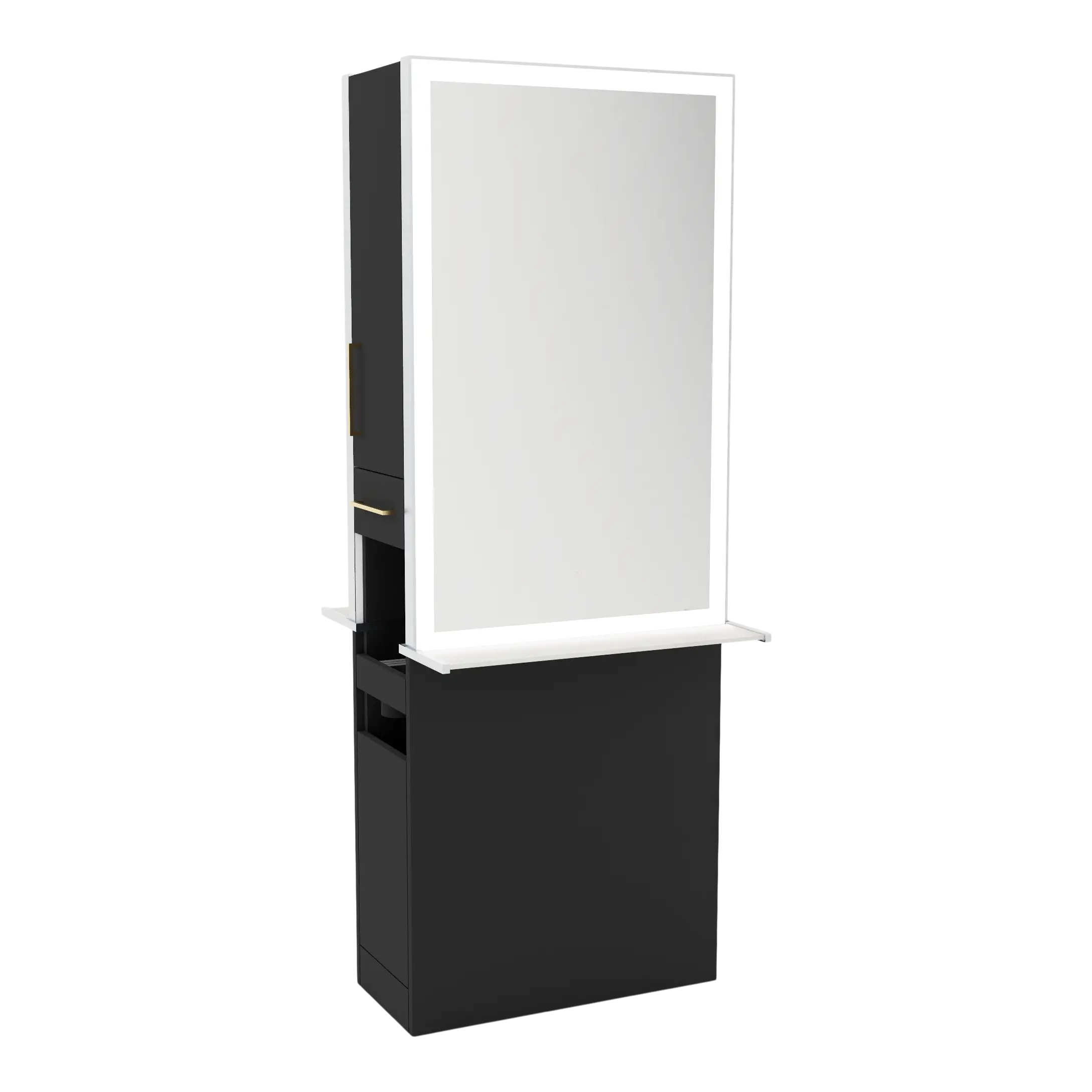 Glo Double Operator Styling Station with Slide-out  Appliance Holder, Solid Surface Shelf, and Silver Rectangle Glo Mirror