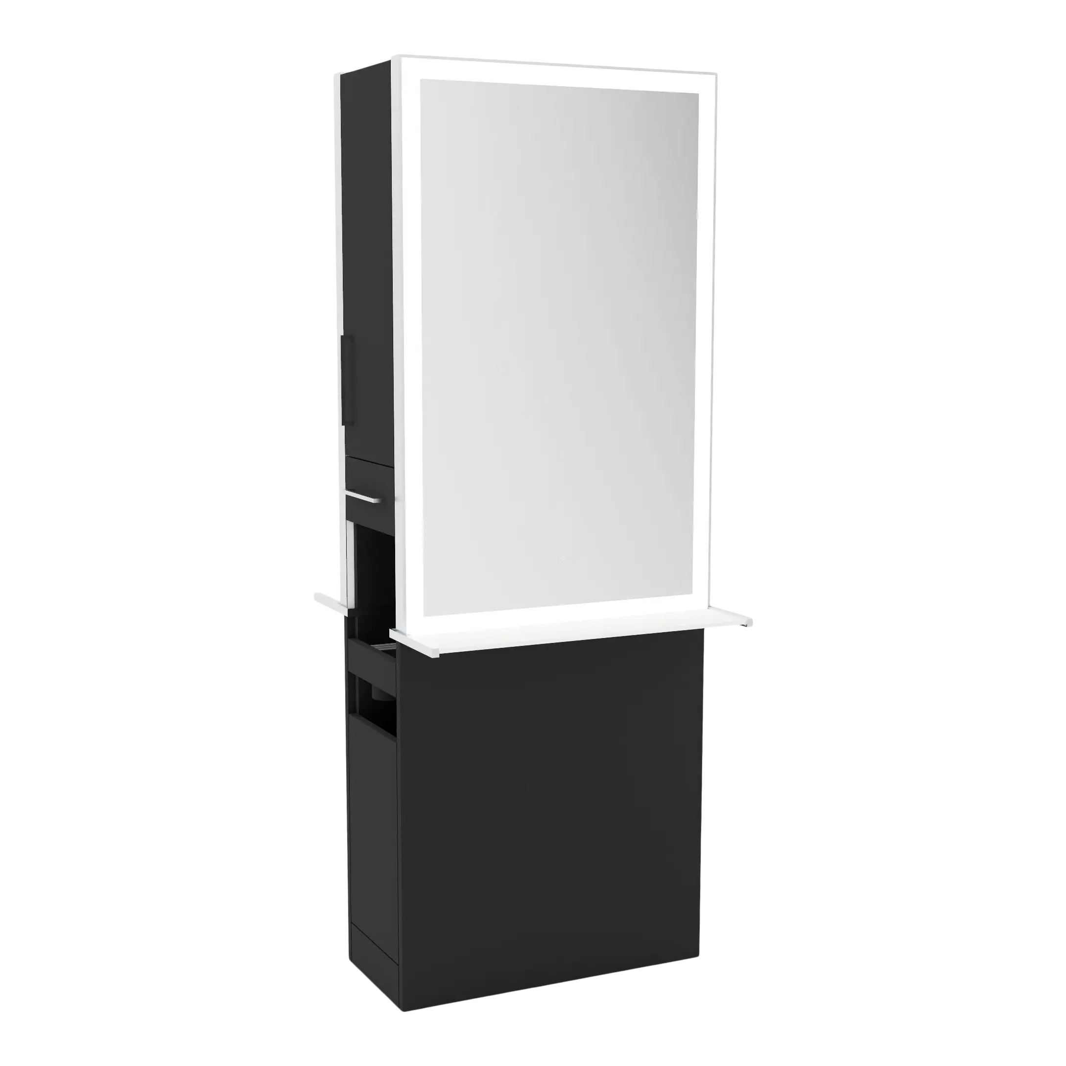 Glo Double Operator Styling Station with Slide-out  Appliance Holder, Solid Surface Shelf, and Silver Rectangle Glo Mirror