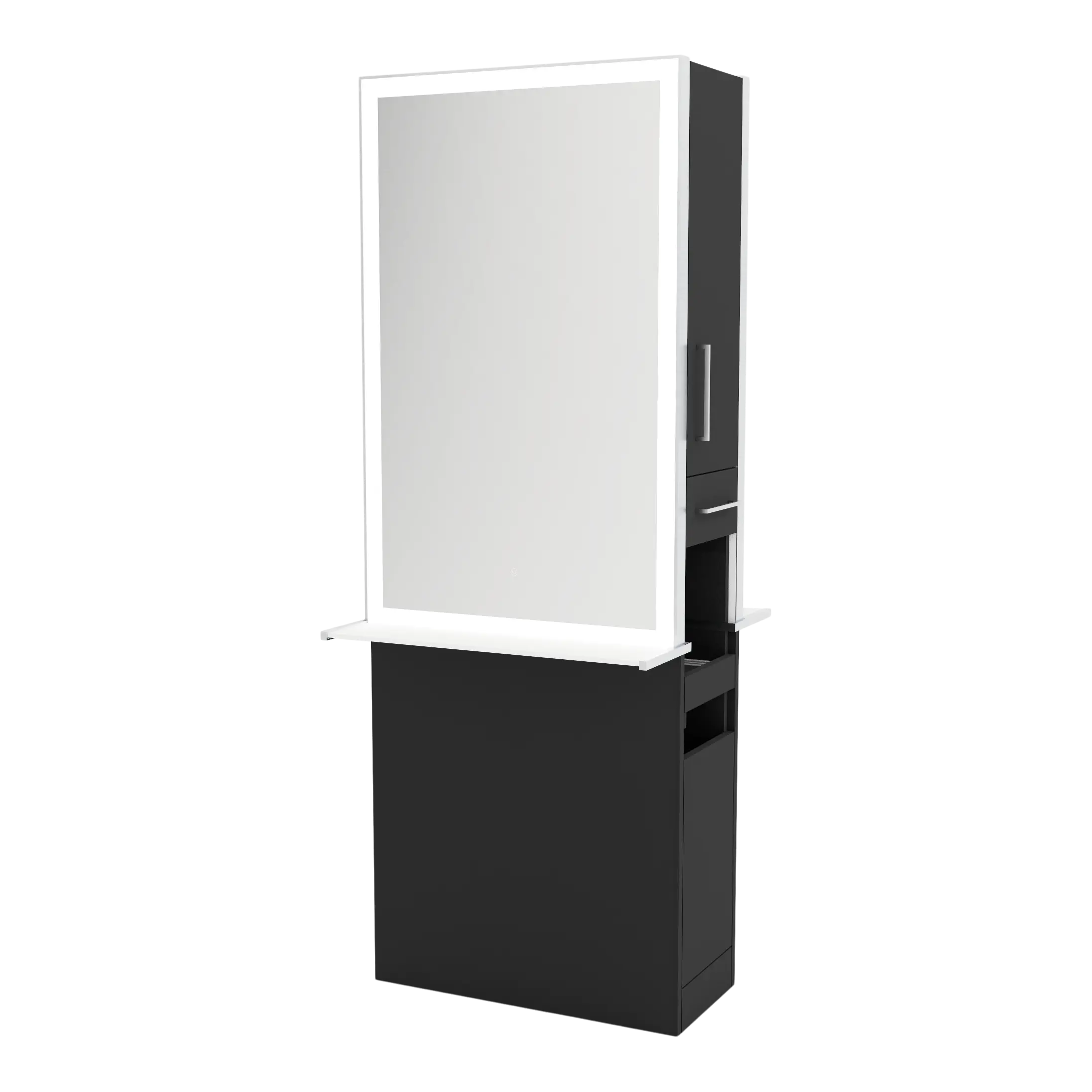 Glo Double Operator Styling Station with Slide-out  Appliance Holder, Solid Surface Shelf, and Silver Rectangle Glo Mirror