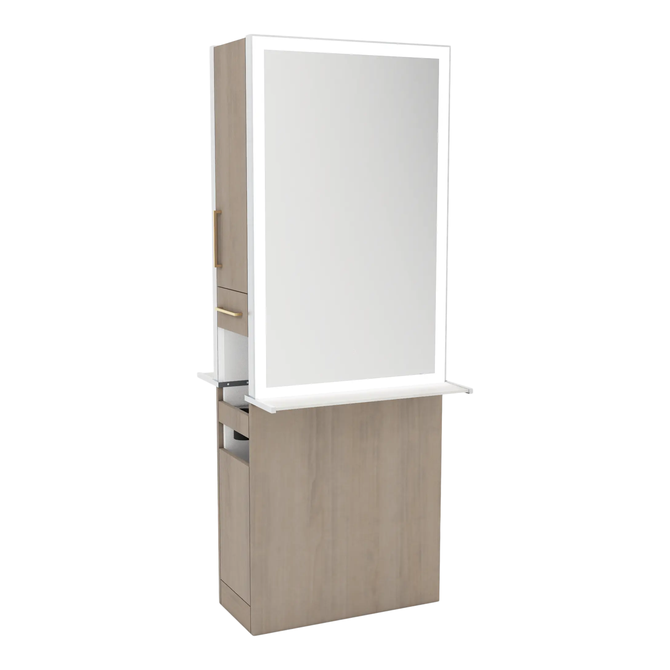 Glo Double Operator Styling Station with Slide-out  Appliance Holder, Solid Surface Shelf, and Silver Rectangle Glo Mirror