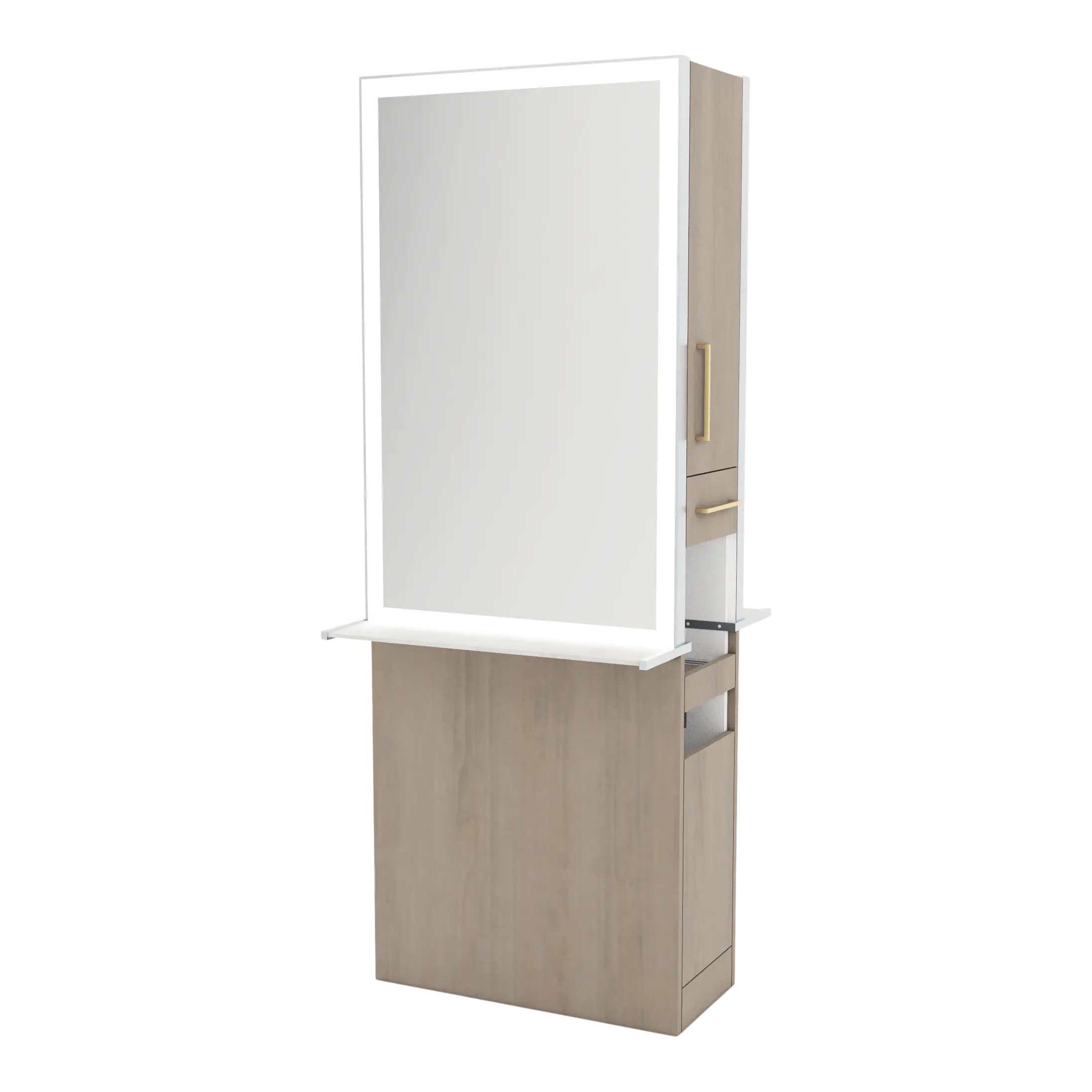 Glo Double Operator Styling Station with Slide-out  Appliance Holder, Solid Surface Shelf, and Silver Rectangle Glo Mirror