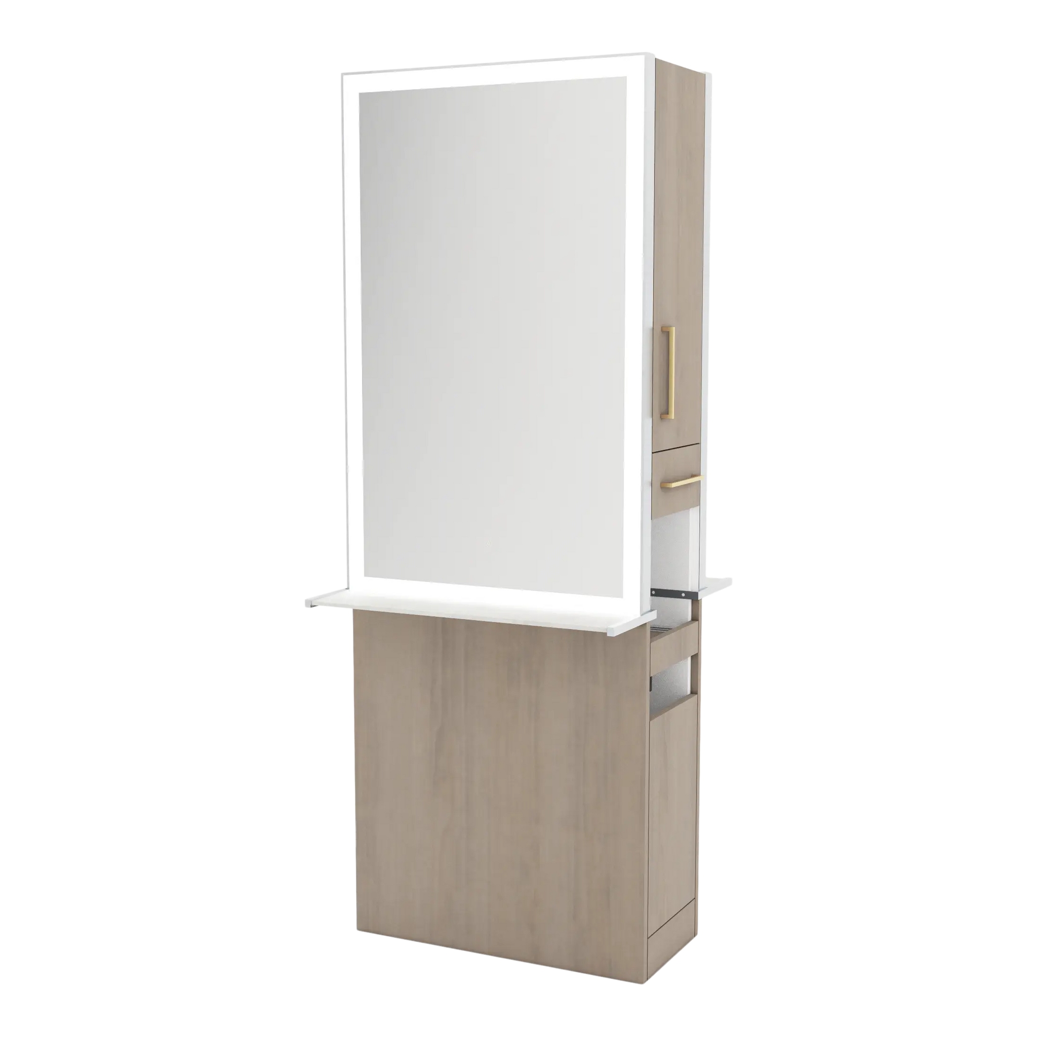 Glo Double Operator Styling Station with Slide-out  Appliance Holder, Solid Surface Shelf, and Silver Rectangle Glo Mirror