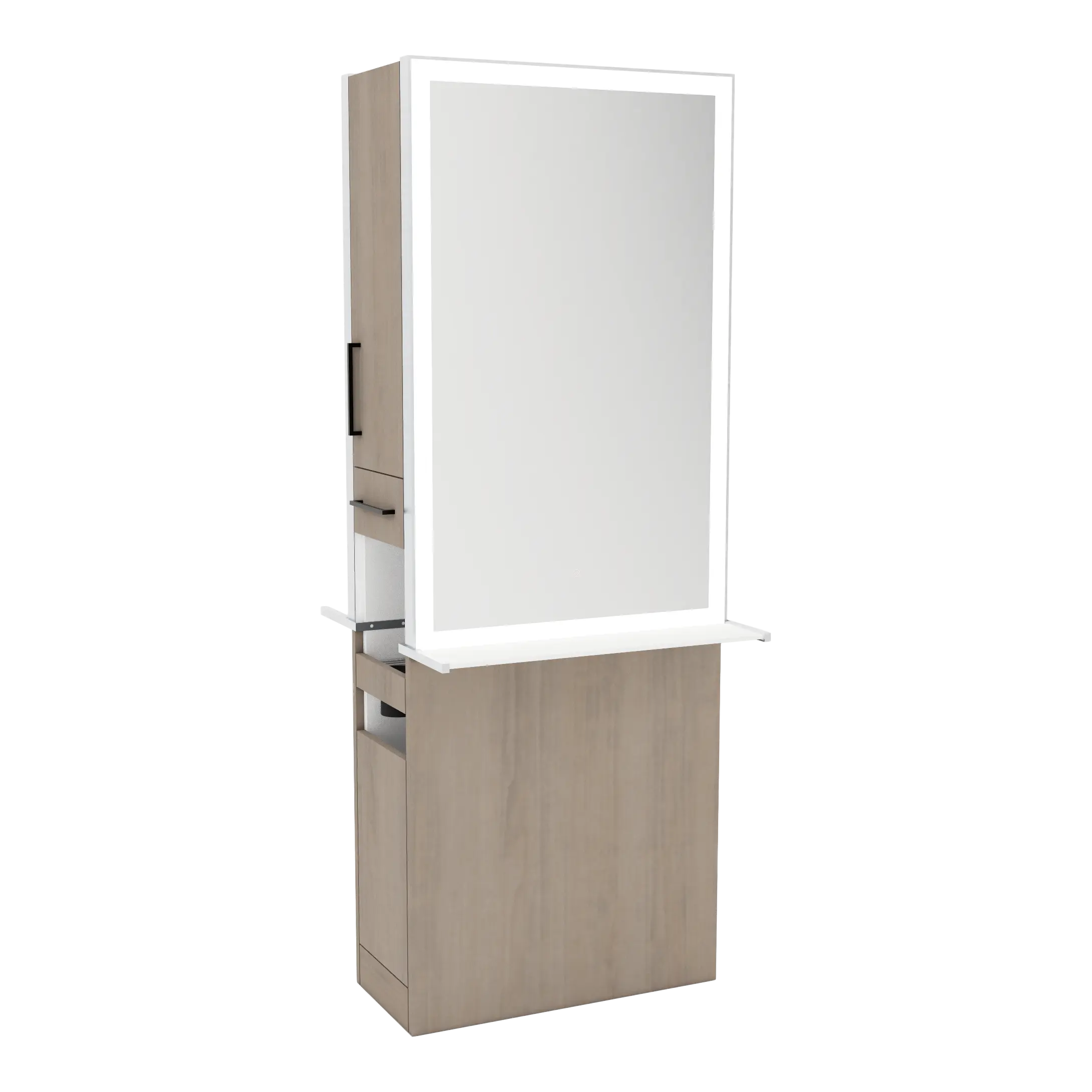 Glo Double Operator Styling Station with Slide-out  Appliance Holder, Solid Surface Shelf, and Silver Rectangle Glo Mirror