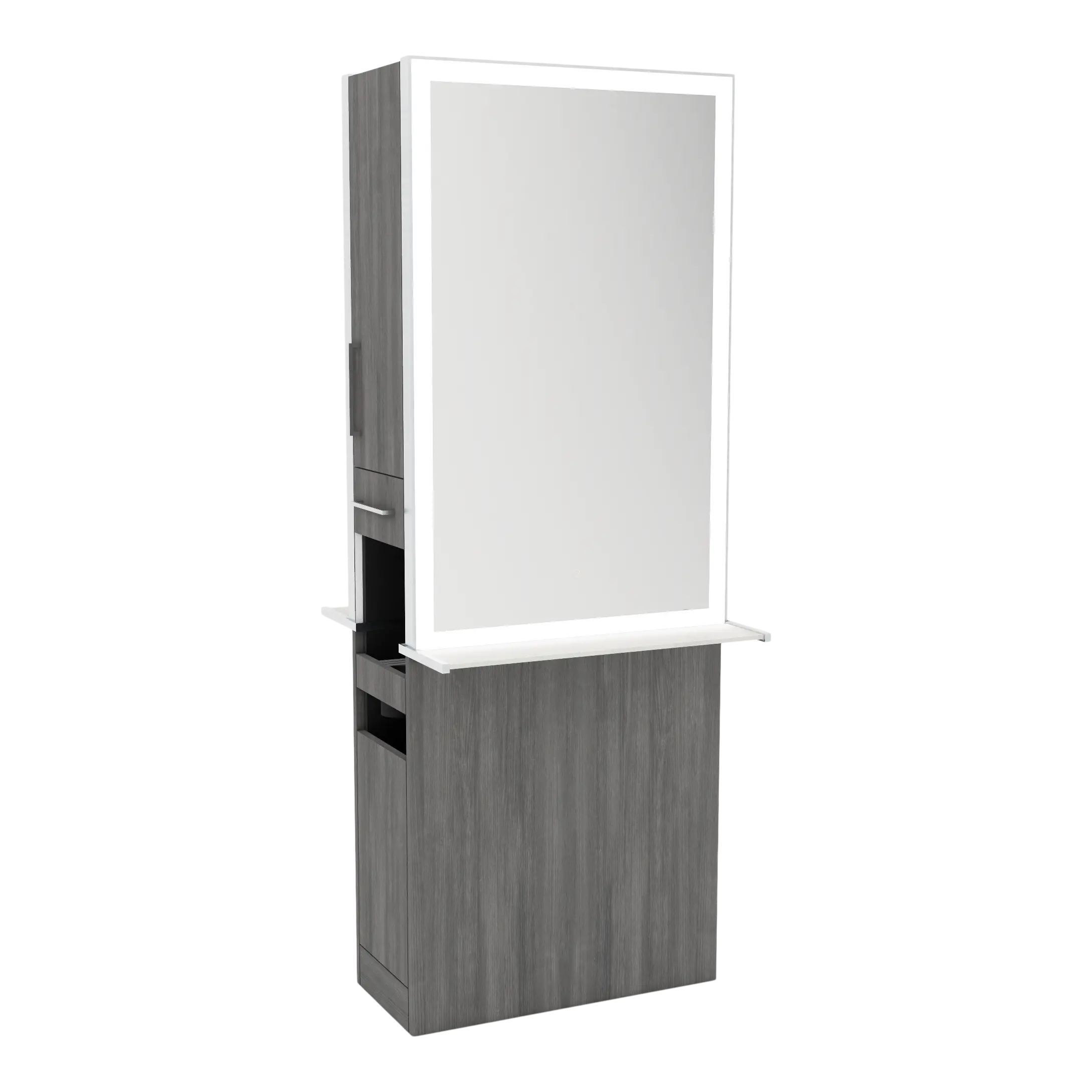 Glo Double Operator Styling Station with Slide-out  Appliance Holder, Solid Surface Shelf, and Silver Rectangle Glo Mirror