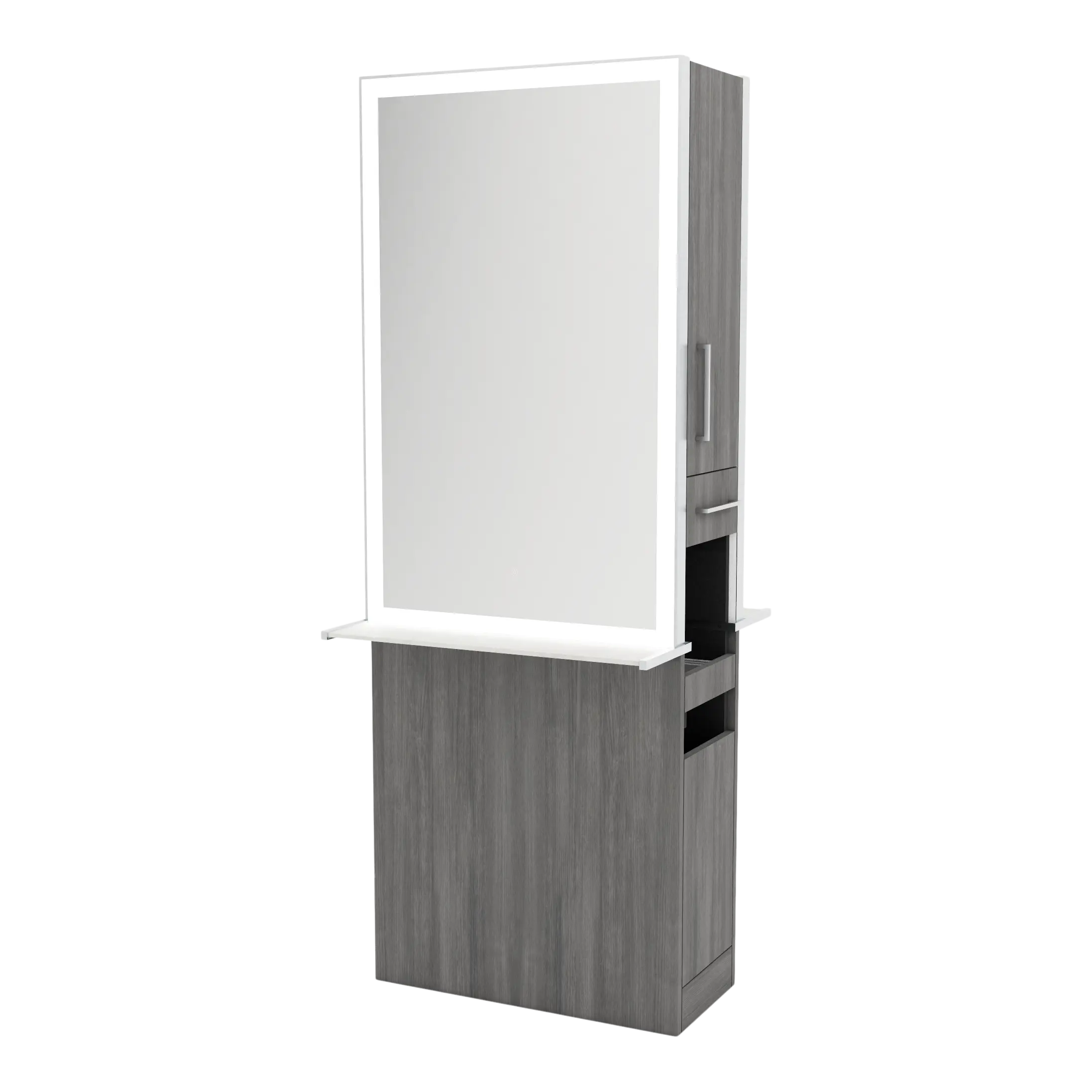 Glo Double Operator Styling Station with Slide-out  Appliance Holder, Solid Surface Shelf, and Silver Rectangle Glo Mirror