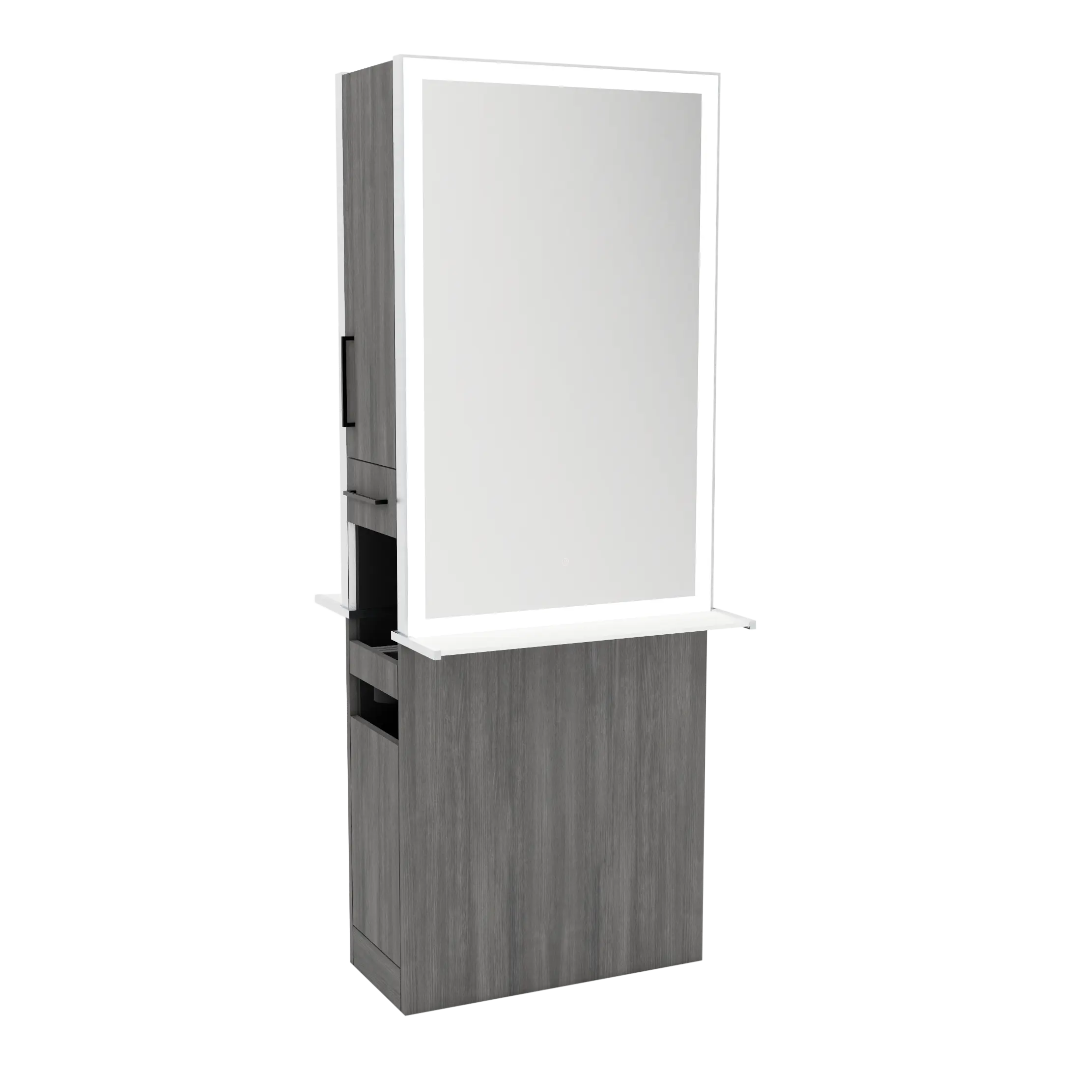 Glo Double Operator Styling Station with Slide-out  Appliance Holder, Solid Surface Shelf, and Silver Rectangle Glo Mirror