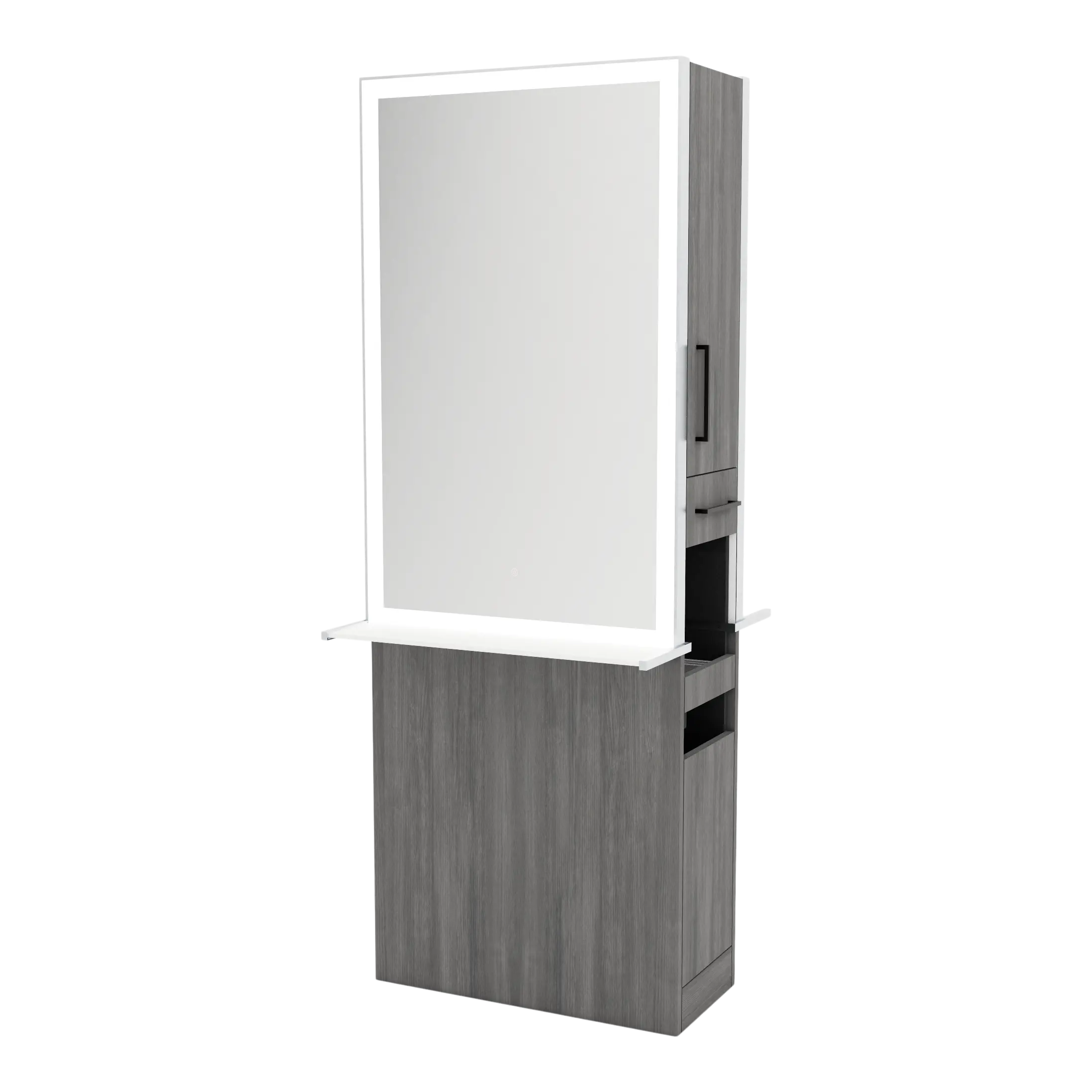 Glo Double Operator Styling Station with Slide-out  Appliance Holder, Solid Surface Shelf, and Silver Rectangle Glo Mirror