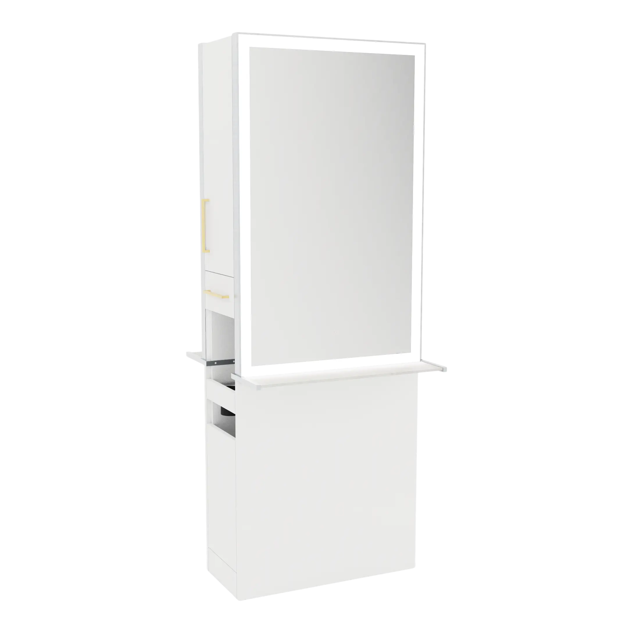 Glo Double Operator Styling Station with Slide-out  Appliance Holder, Solid Surface Shelf, and Silver Rectangle Glo Mirror