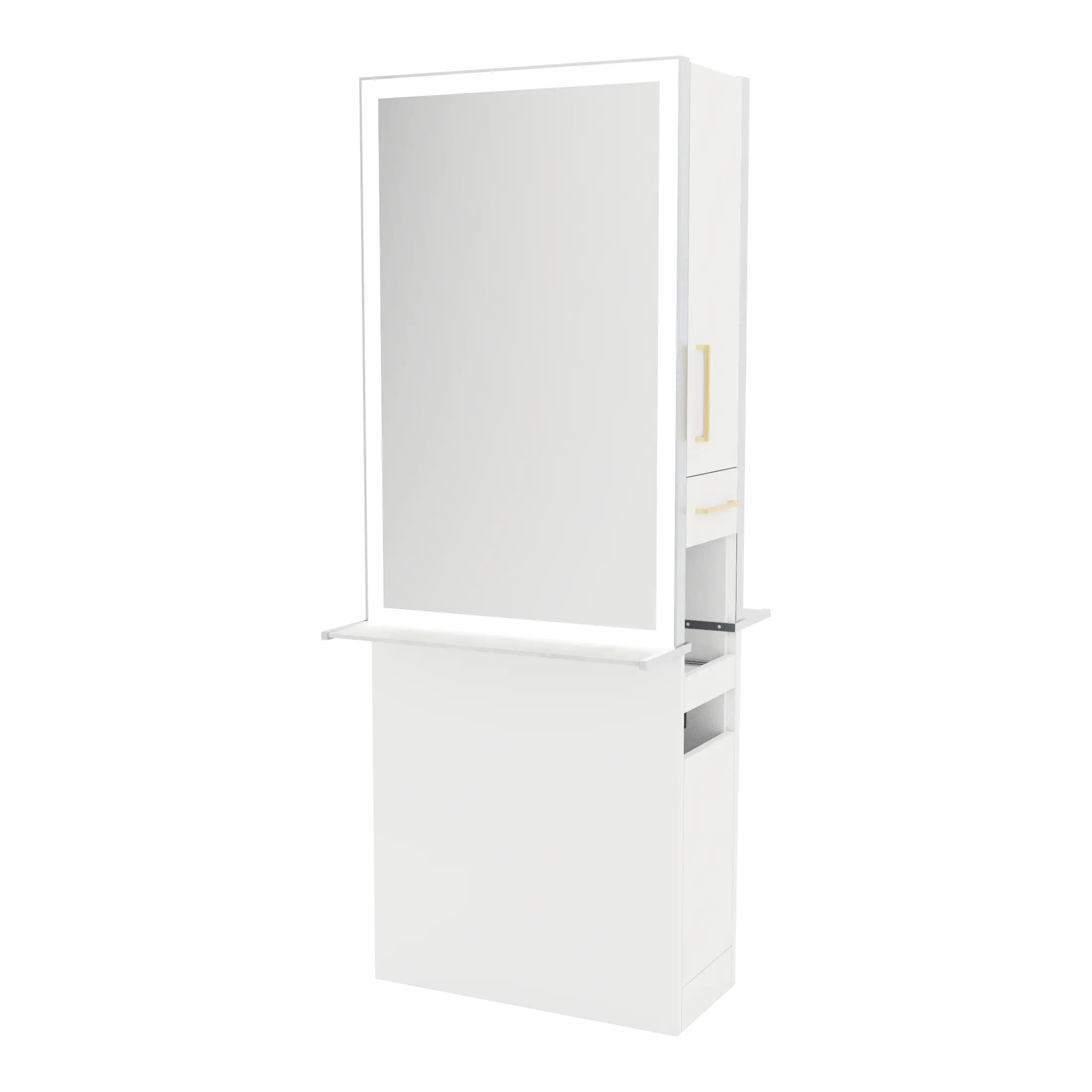 Glo Double Operator Styling Station with Slide-out  Appliance Holder, Solid Surface Shelf, and Silver Rectangle Glo Mirror