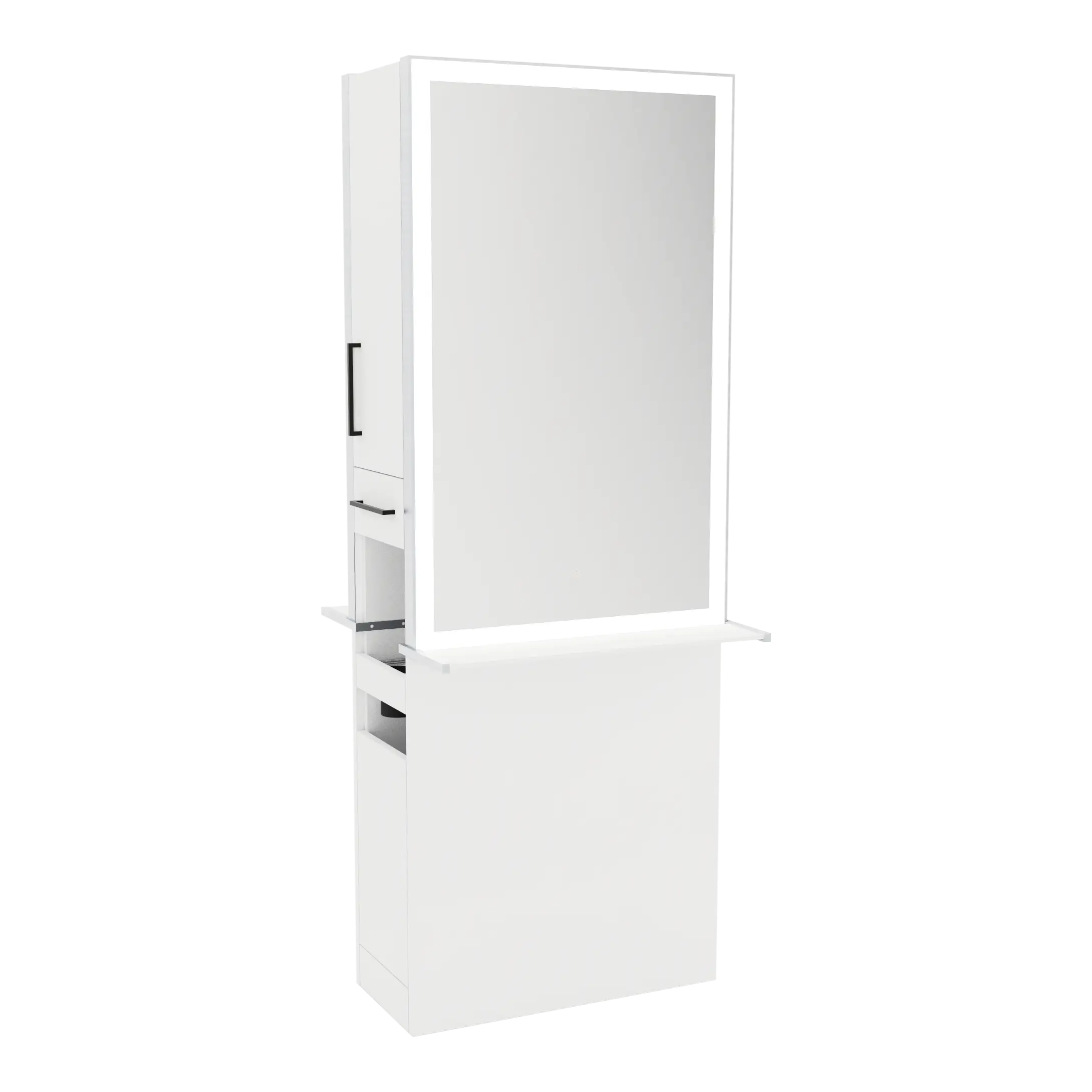 Glo Double Operator Styling Station with Slide-out  Appliance Holder, Solid Surface Shelf, and Silver Rectangle Glo Mirror