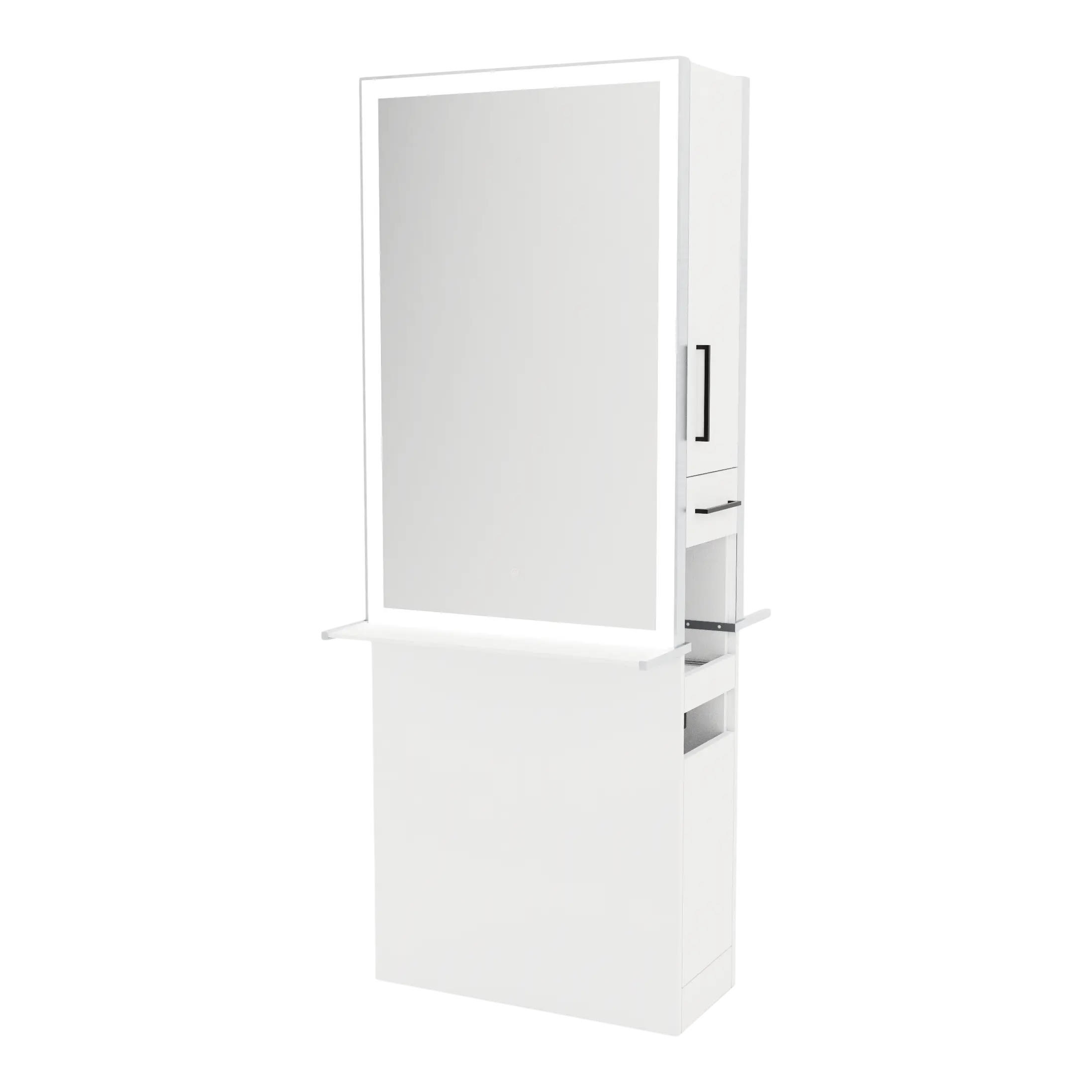 Glo Double Operator Styling Station with Slide-out  Appliance Holder, Solid Surface Shelf, and Silver Rectangle Glo Mirror