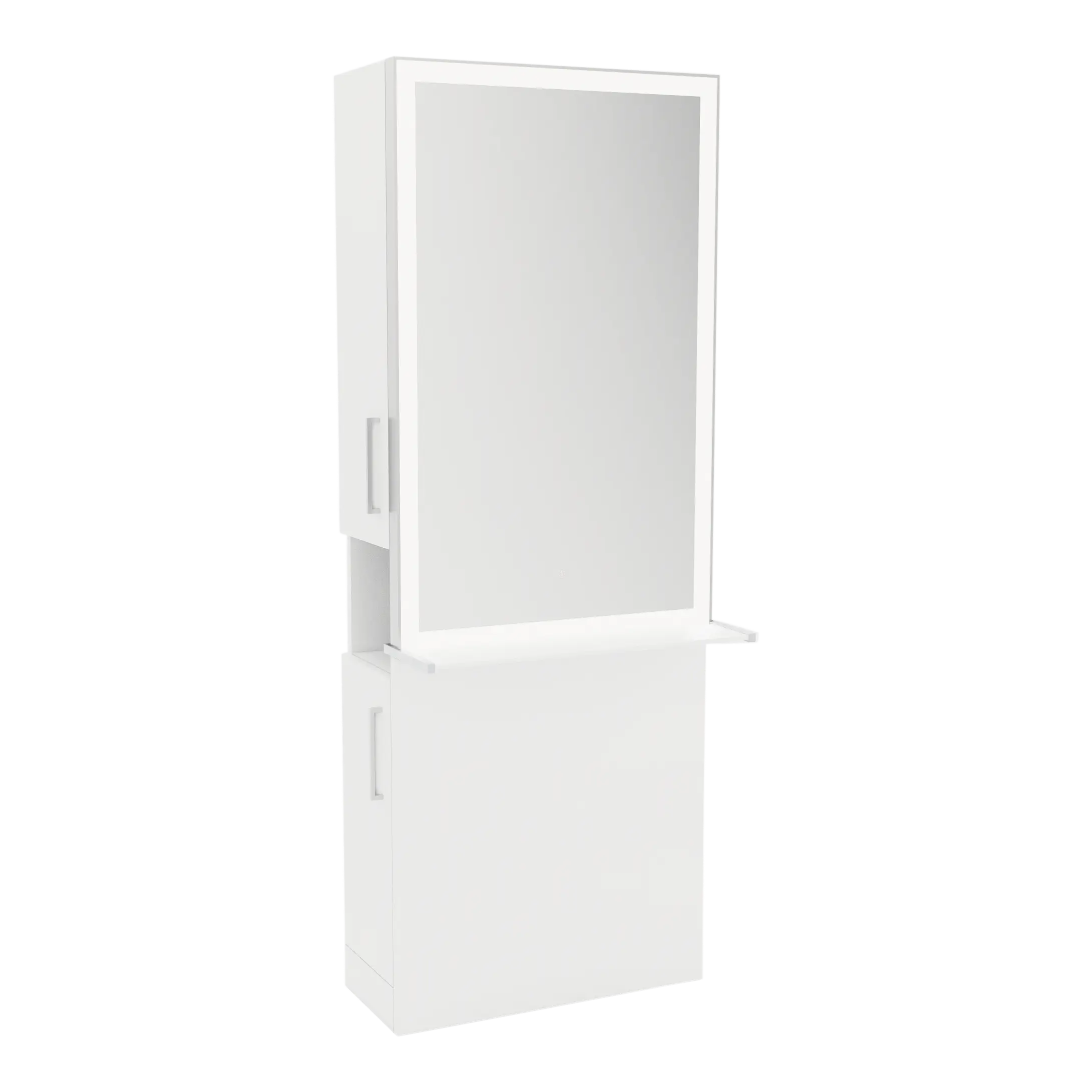 Glo Single Operator Styling Station with Pull-out Appliance Holder, Solid Surface Shelf, and Silver Rectangle Glo Mirror