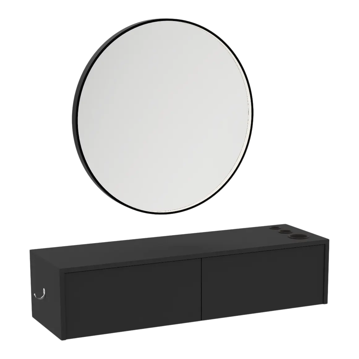 Glo Wall Mount Styling Station with Nestled Appliance Holder and Black Round Westin Mirror