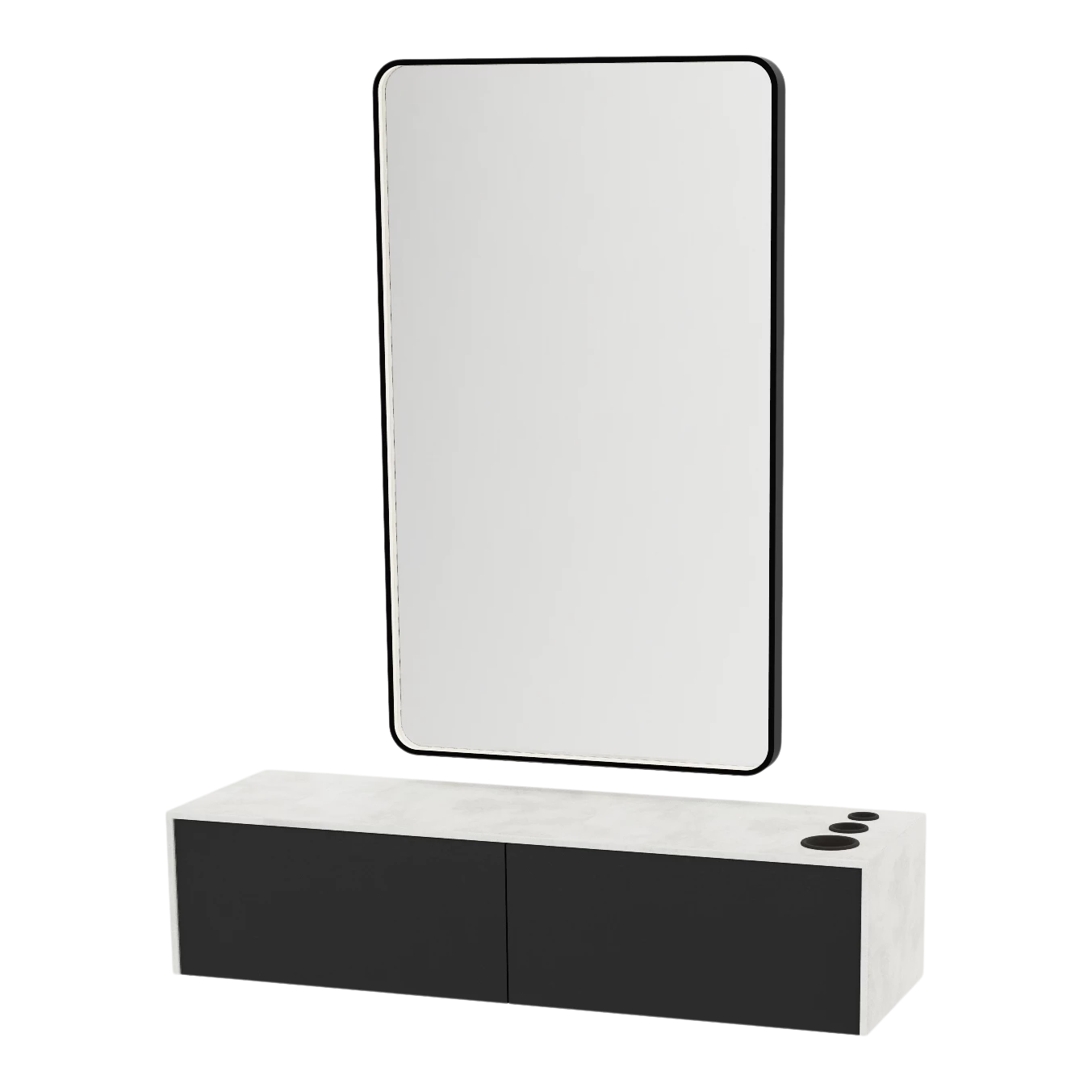 Glo Wall Mount Styling Station with Nestled Appliance Holder, Solid Surface Countertop, and Black Rectangle Westin Mirror