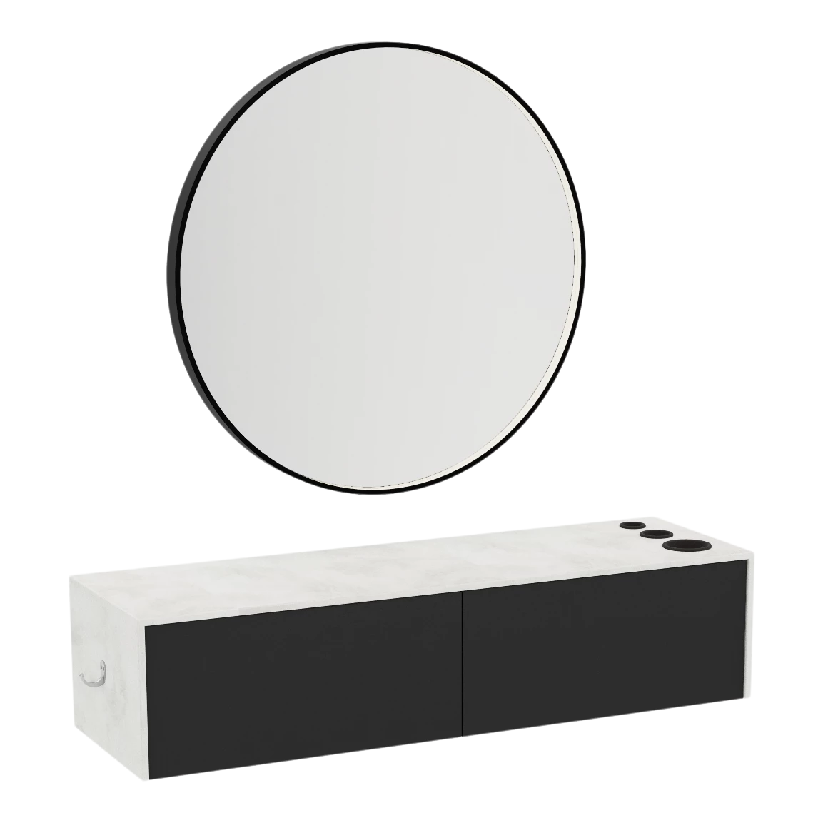 Glo Wall Mount Styling Station with Nestled Appliance Holder, Solid Surface Countertop, and Black Round Westin Mirror