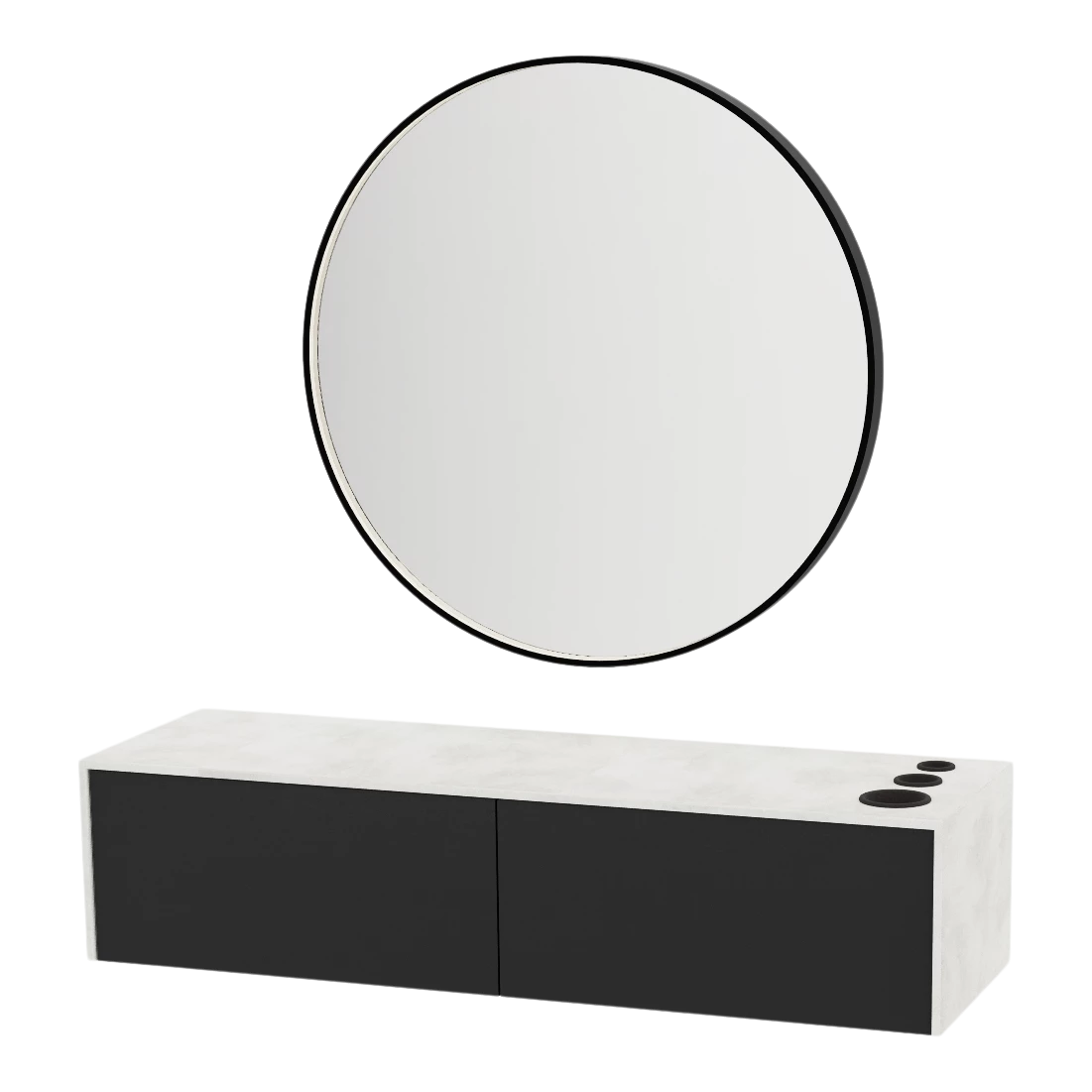 Glo Wall Mount Styling Station with Nestled Appliance Holder, Solid Surface Countertop, and Black Round Westin Mirror