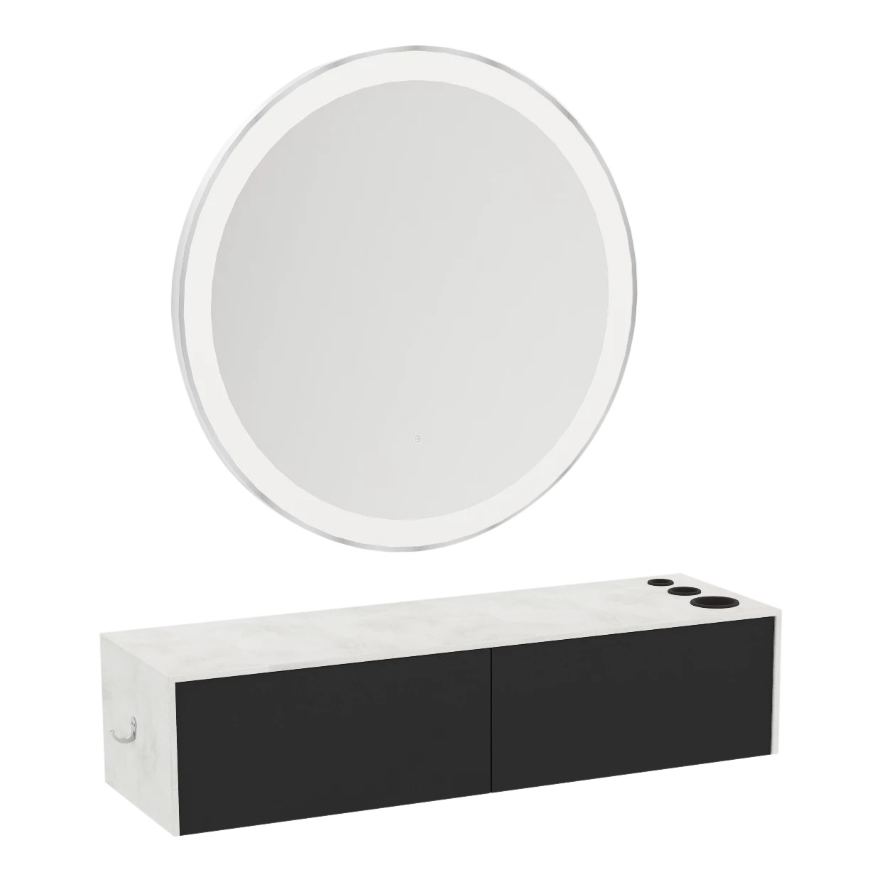 Glo Wall Mount Styling Station with Nestled Appliance Holder, Solid Surface Countertop, and Silver Round Glo Mirror