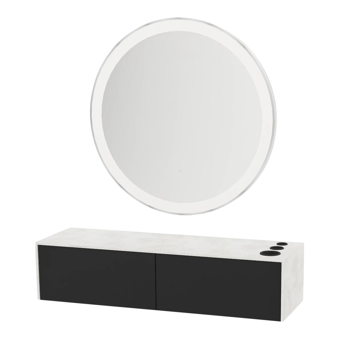 Glo Wall Mount Styling Station with Nestled Appliance Holder, Solid Surface Countertop, and Silver Round Glo Mirror