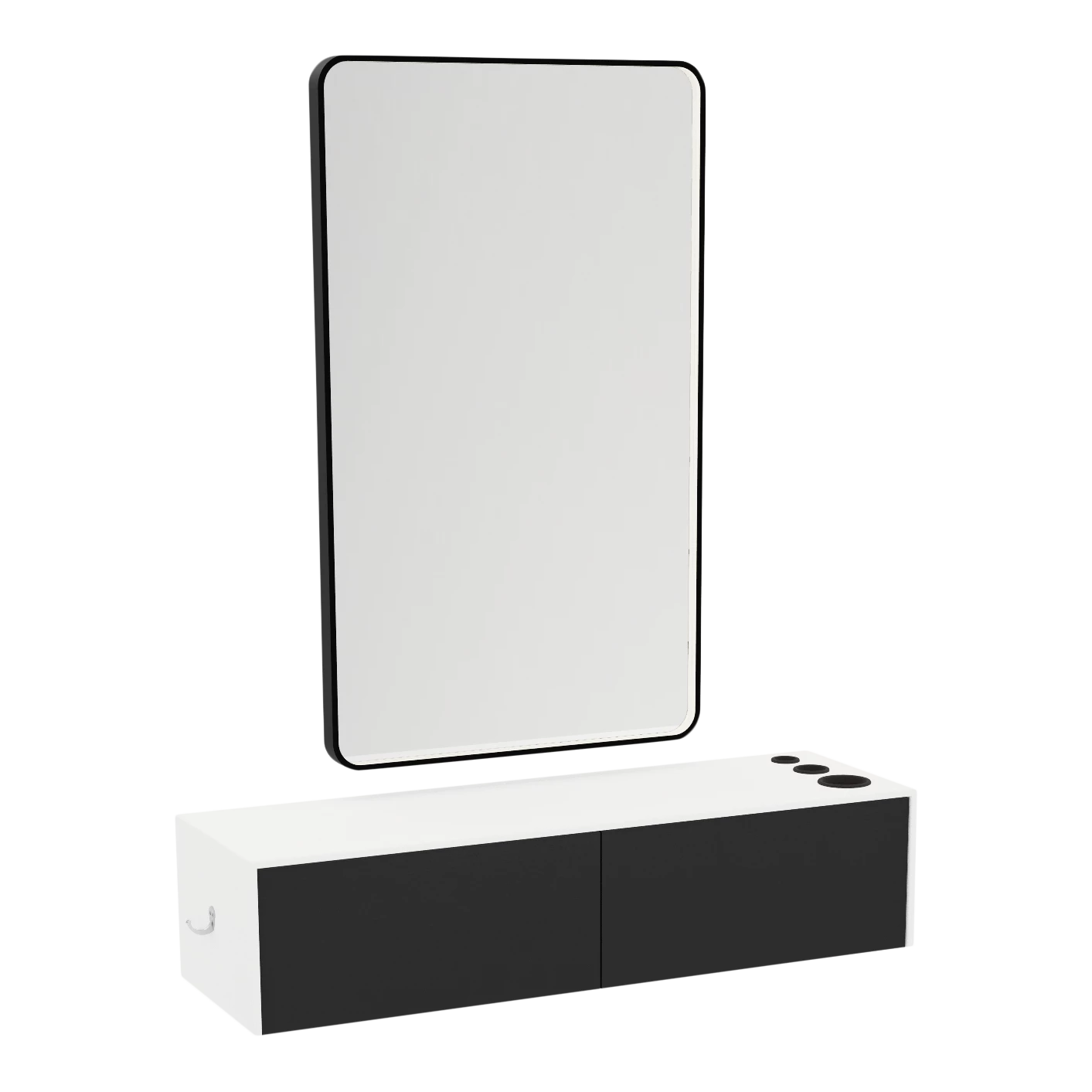 Glo Wall Mount Styling Station with Nestled Appliance Holder, Solid Surface Countertop, and Black Rectangle Westin Mirror