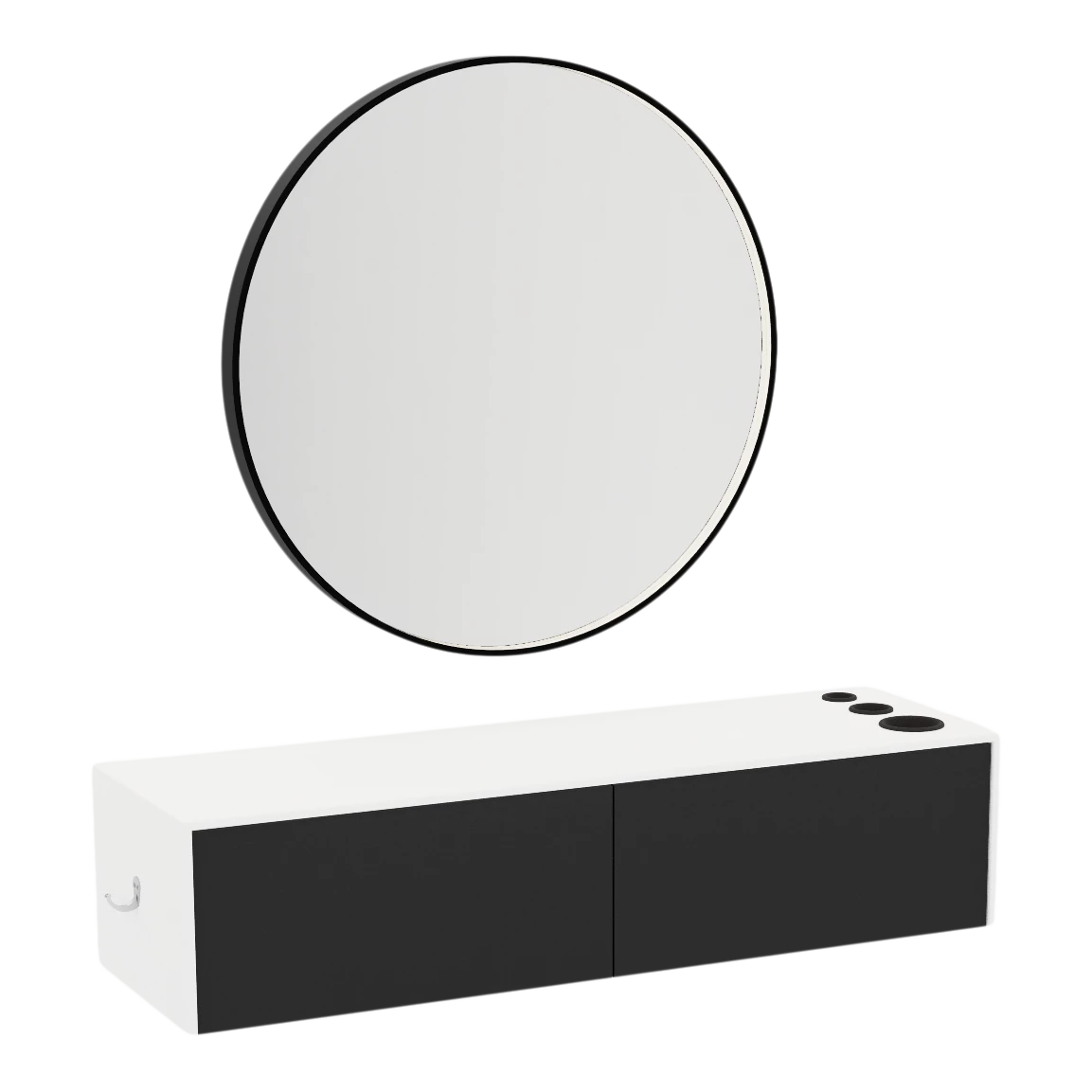 Glo Wall Mount Styling Station with Nestled Appliance Holder, Solid Surface Countertop, and Black Round Westin Mirror