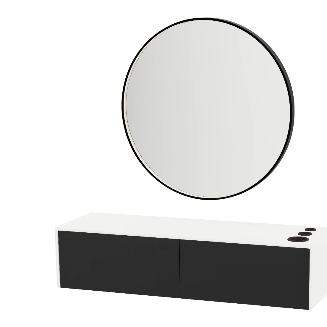 Glo Wall Mount Styling Station with Nestled Appliance Holder, Solid Surface Countertop, and Black Round Westin Mirror