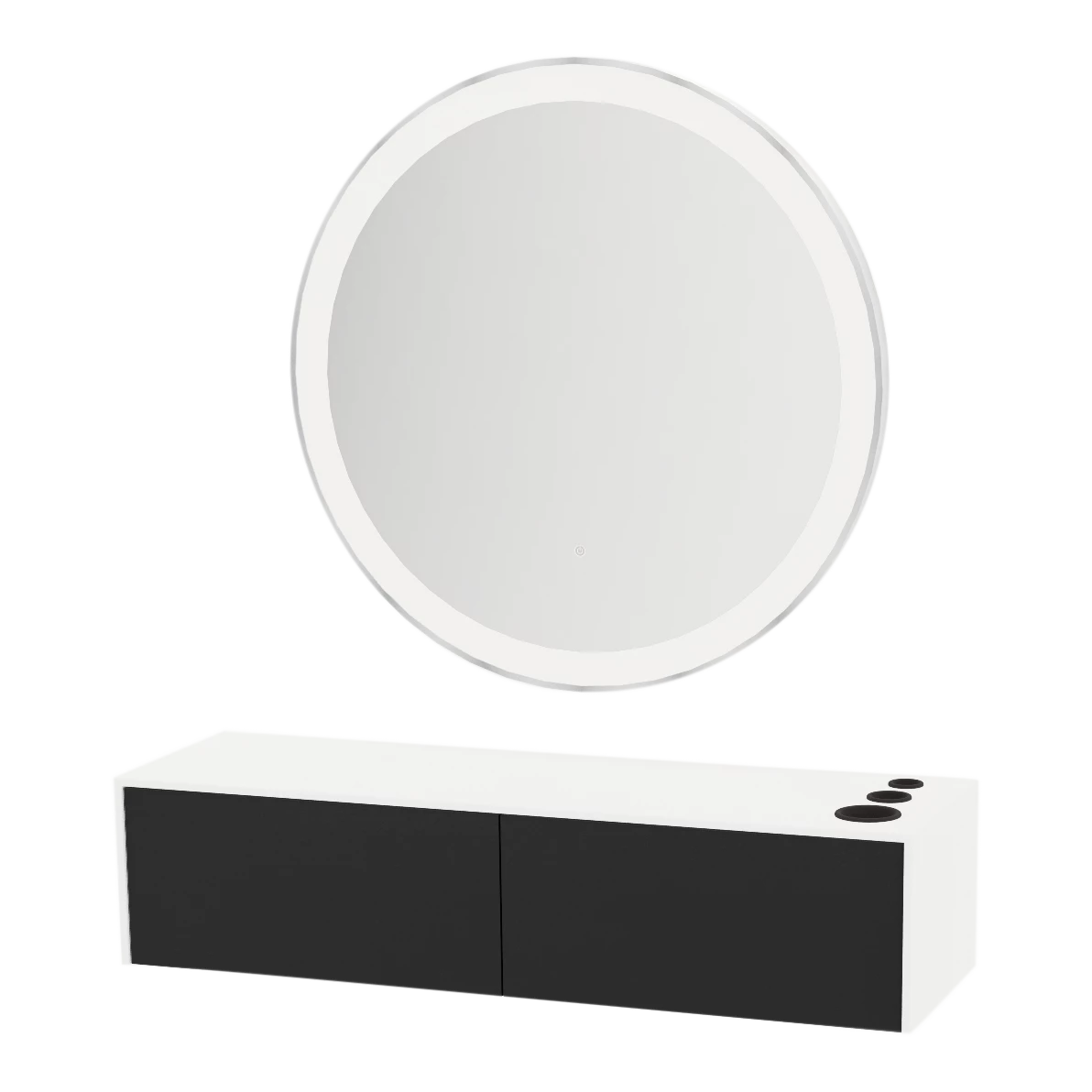 Glo Wall Mount Styling Station with Nestled Appliance Holder, Solid Surface Countertop, and Silver Round Glo Mirror