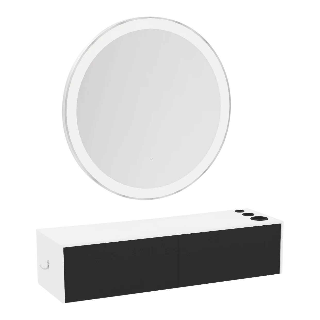Glo Wall Mount Styling Station with Nestled Appliance Holder, Solid Surface Countertop, and Silver Round Glo Mirror
