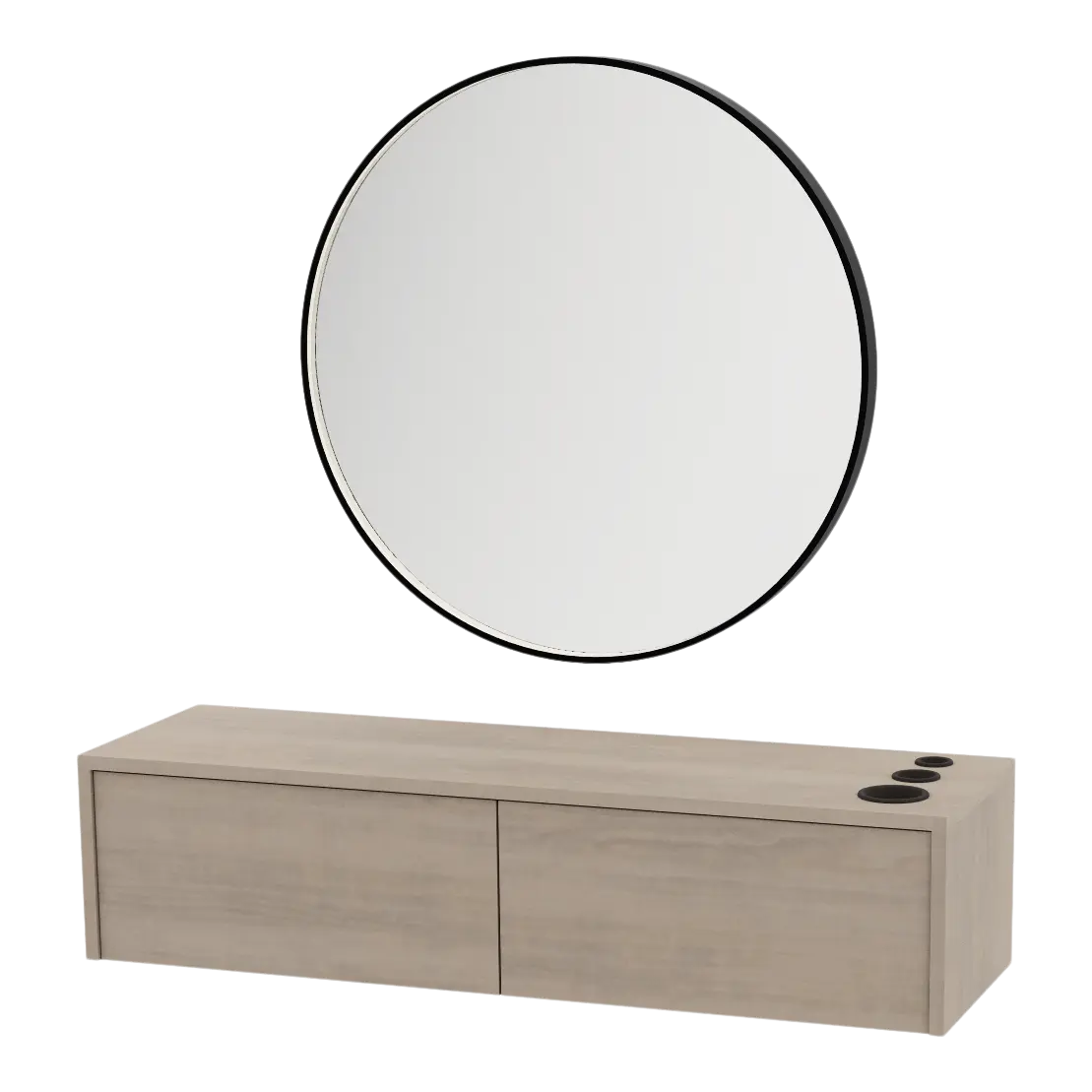 Glo Wall Mount Styling Station with Nestled Appliance Holder and Black Round Westin Mirror