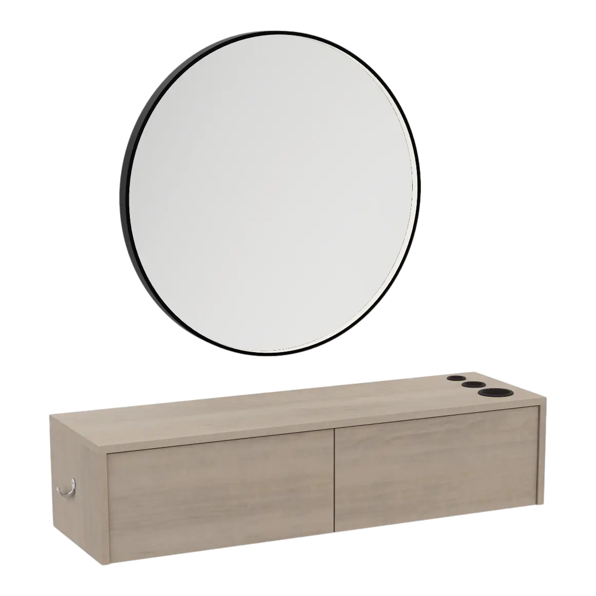 Glo Wall Mount Styling Station with Nestled Appliance Holder and Black Round Westin Mirror