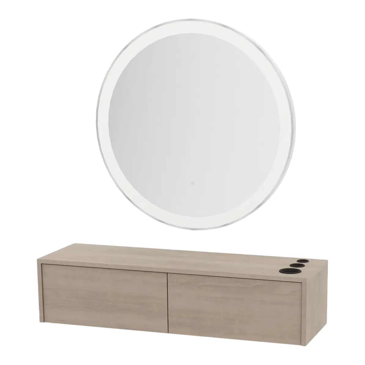 Glo Wall Mount Styling Station with Nestled Appliance Holder and Silver Round Glo Mirror